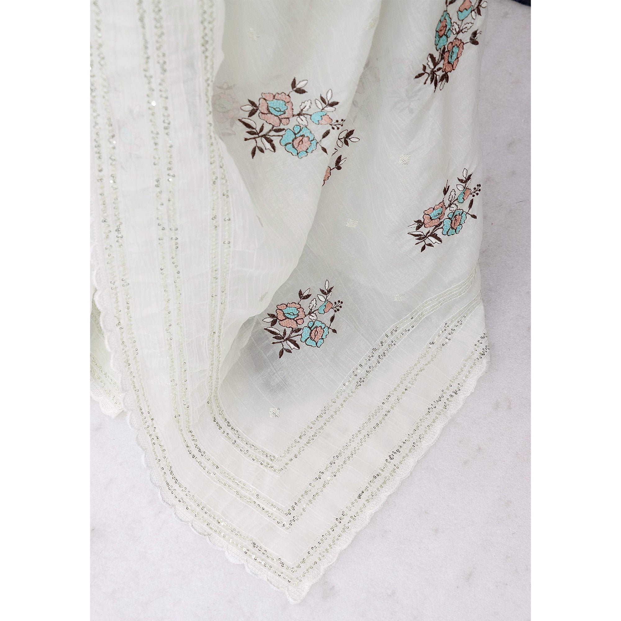 White Embroidered Cotton Silk Saree with Subtle Sequins Detailing