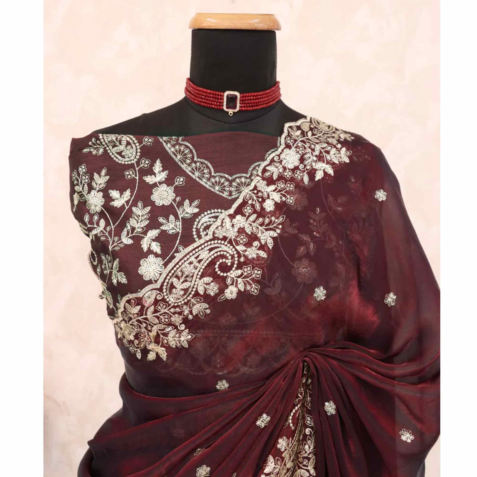 Burgundy Partywear Organza Satin Silk Crush Saree with Delicate Floral Embroidery