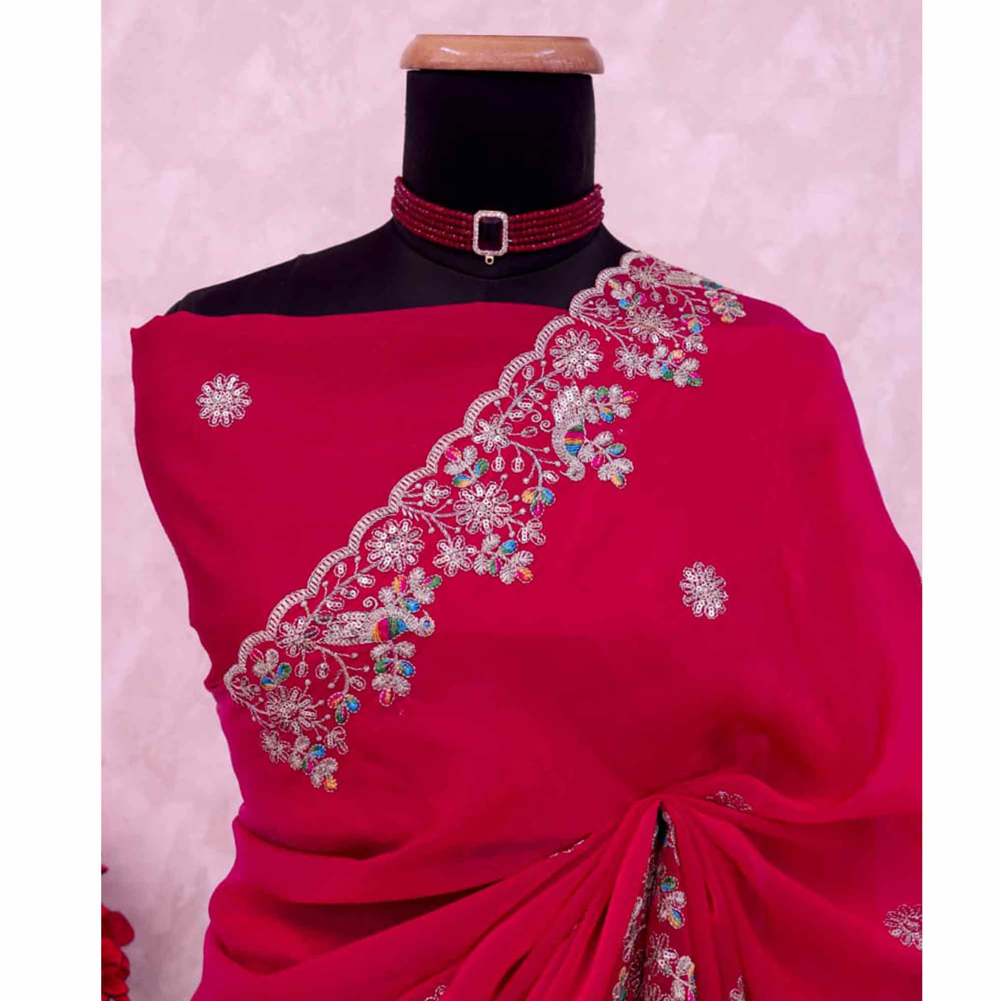 Pink Floral Embroidered Lightweight Organza Satin Silk Saree for Party and Festive Wear