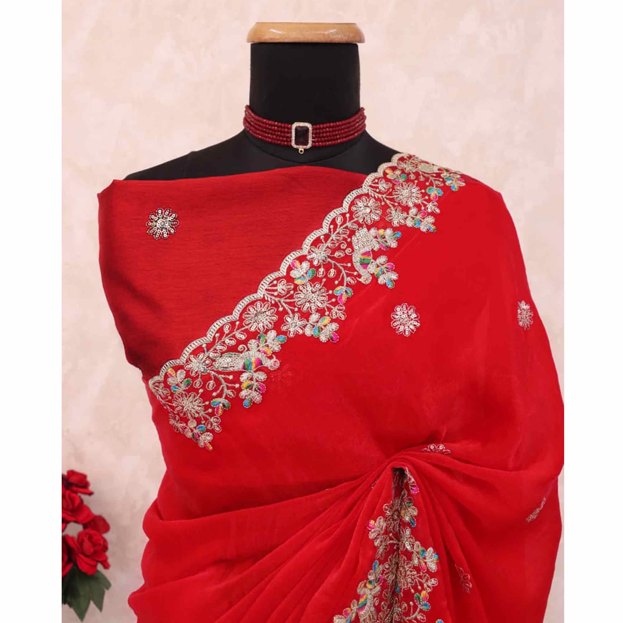 Red Floral Embroidered Lightweight Organza Satin Silk Saree for Party and Festive Wear