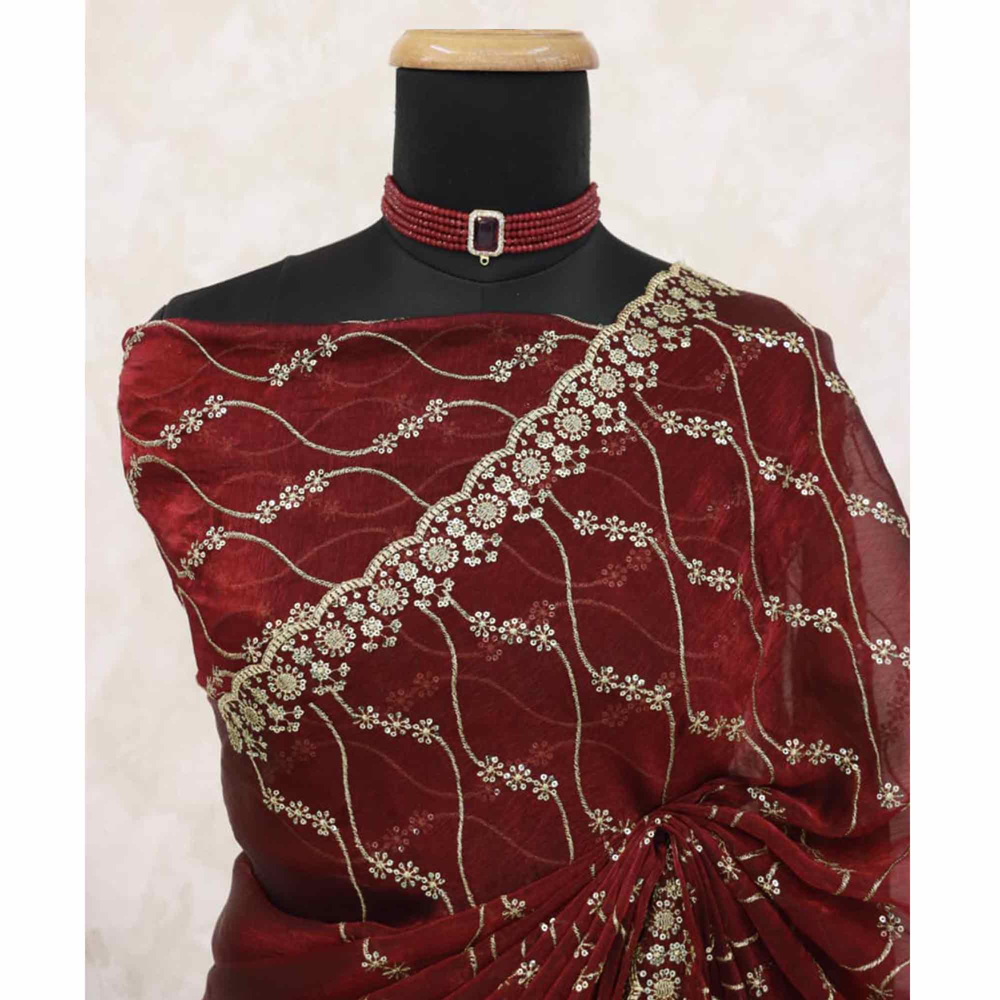 Maroon Partywear Organza Chiffon Silk Saree Highlighted with Fine Sequins Detailing