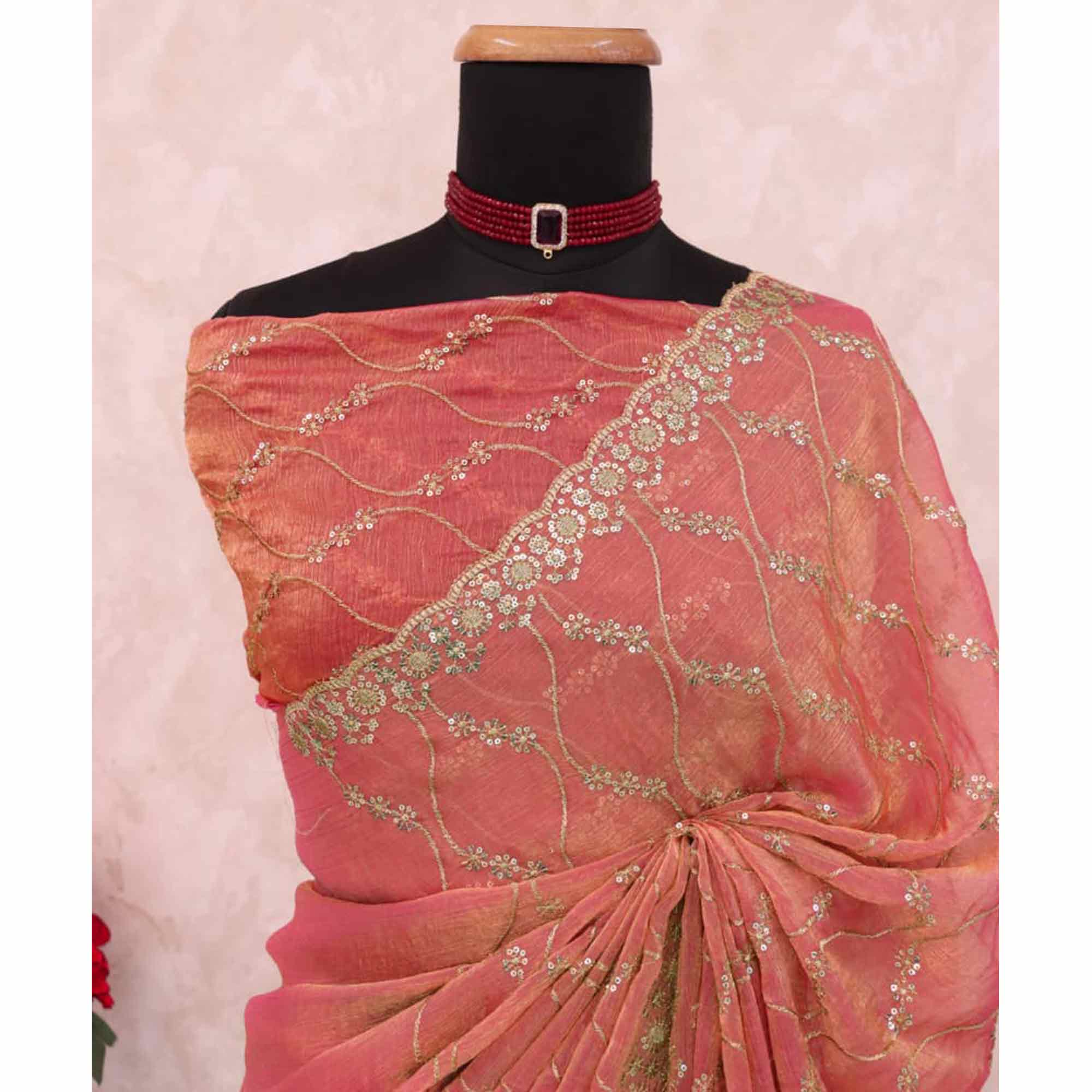Peach Partywear Organza Chiffon Silk Saree Highlighted with Fine Sequins Detailing