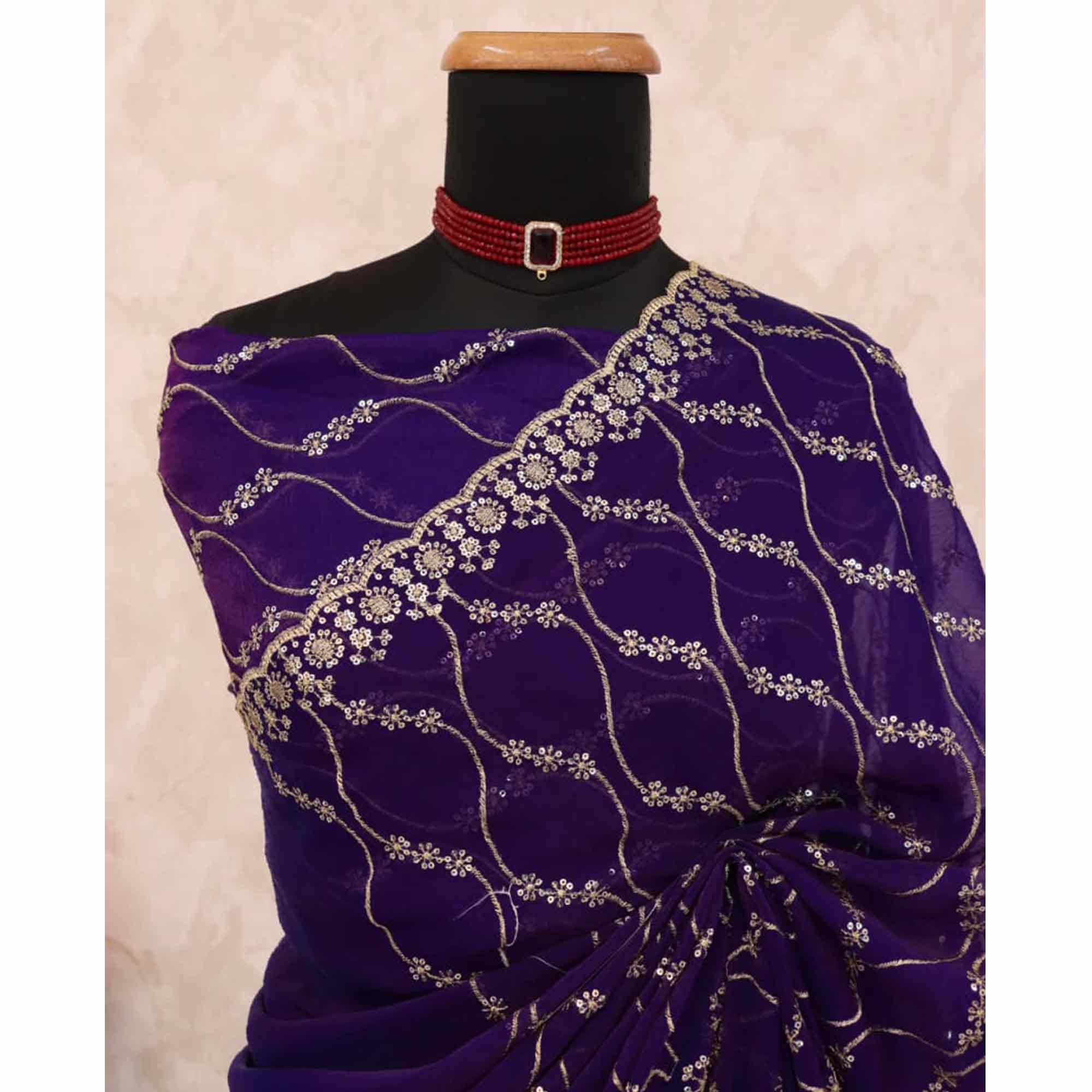 Violet Partywear Organza Chiffon Silk Saree Highlighted with Fine Sequins Detailing