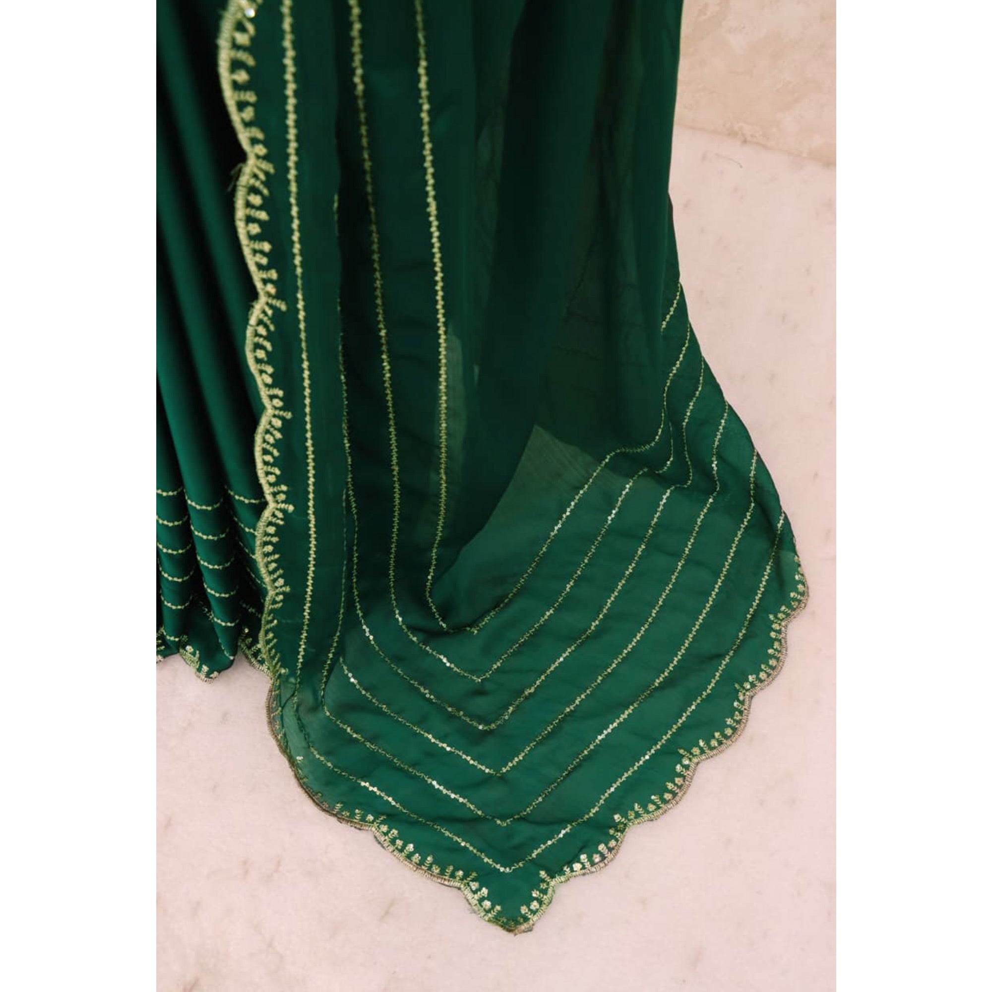 Green Soft Satin Chiffon Saree Embellished with Intricate Sequins Detailing