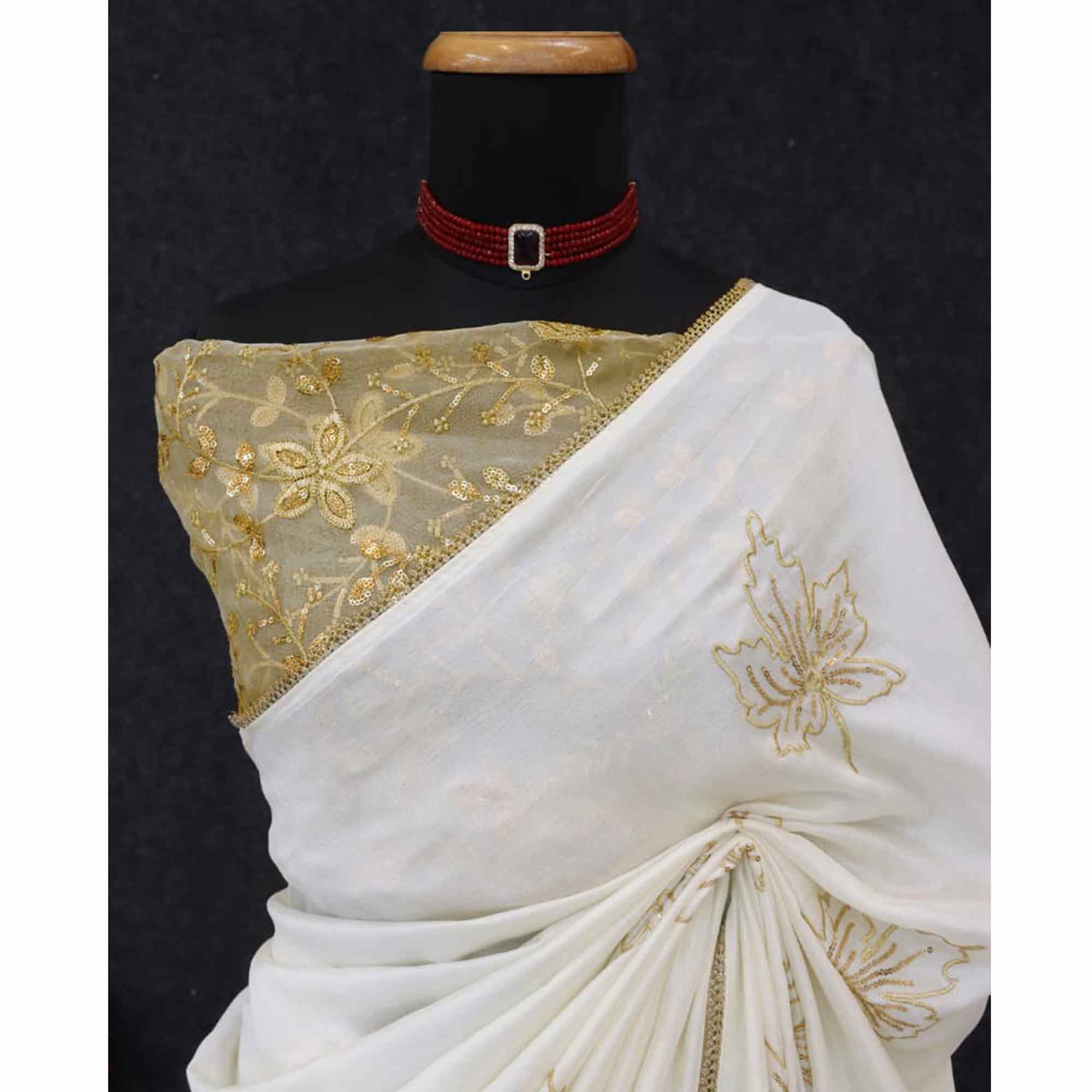Glamorous Off White Sequin Embellished Saree in Premium Vichitra Silk