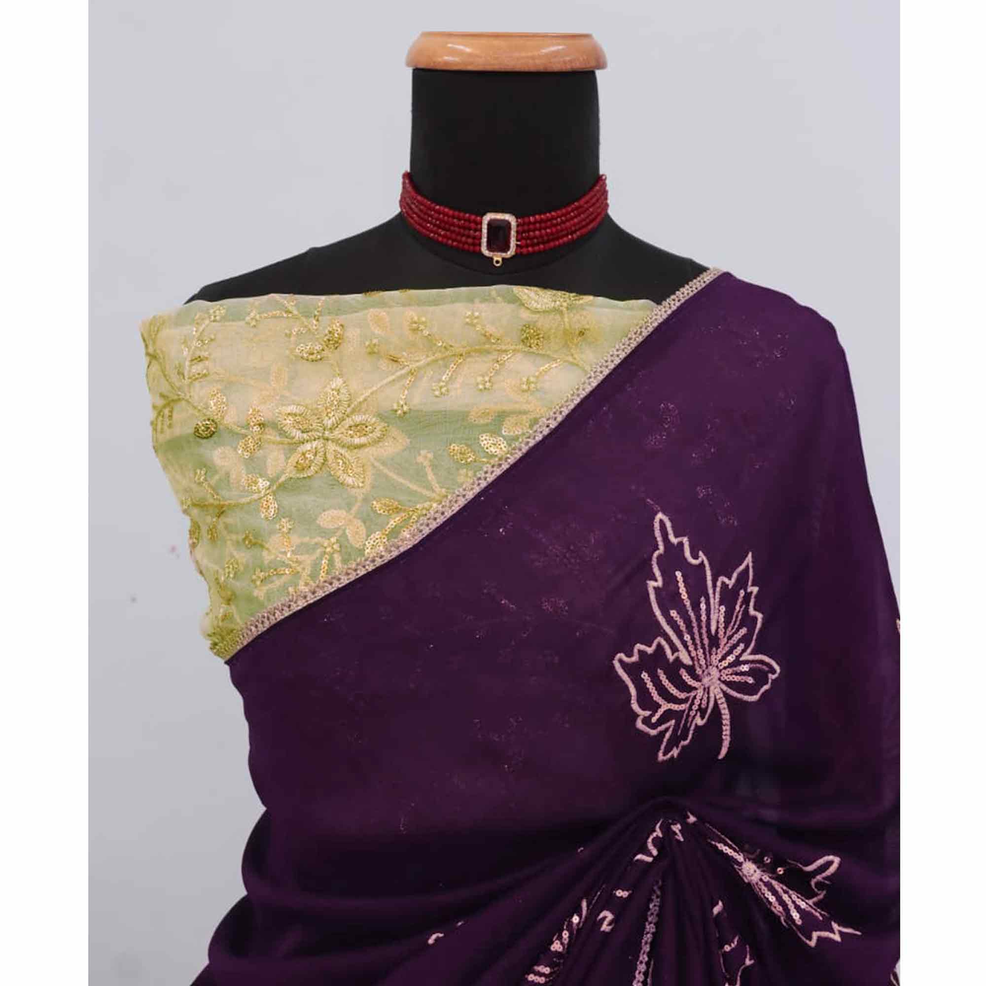 Glamorous Purple Sequin Embellished Saree in Premium Vichitra Silk