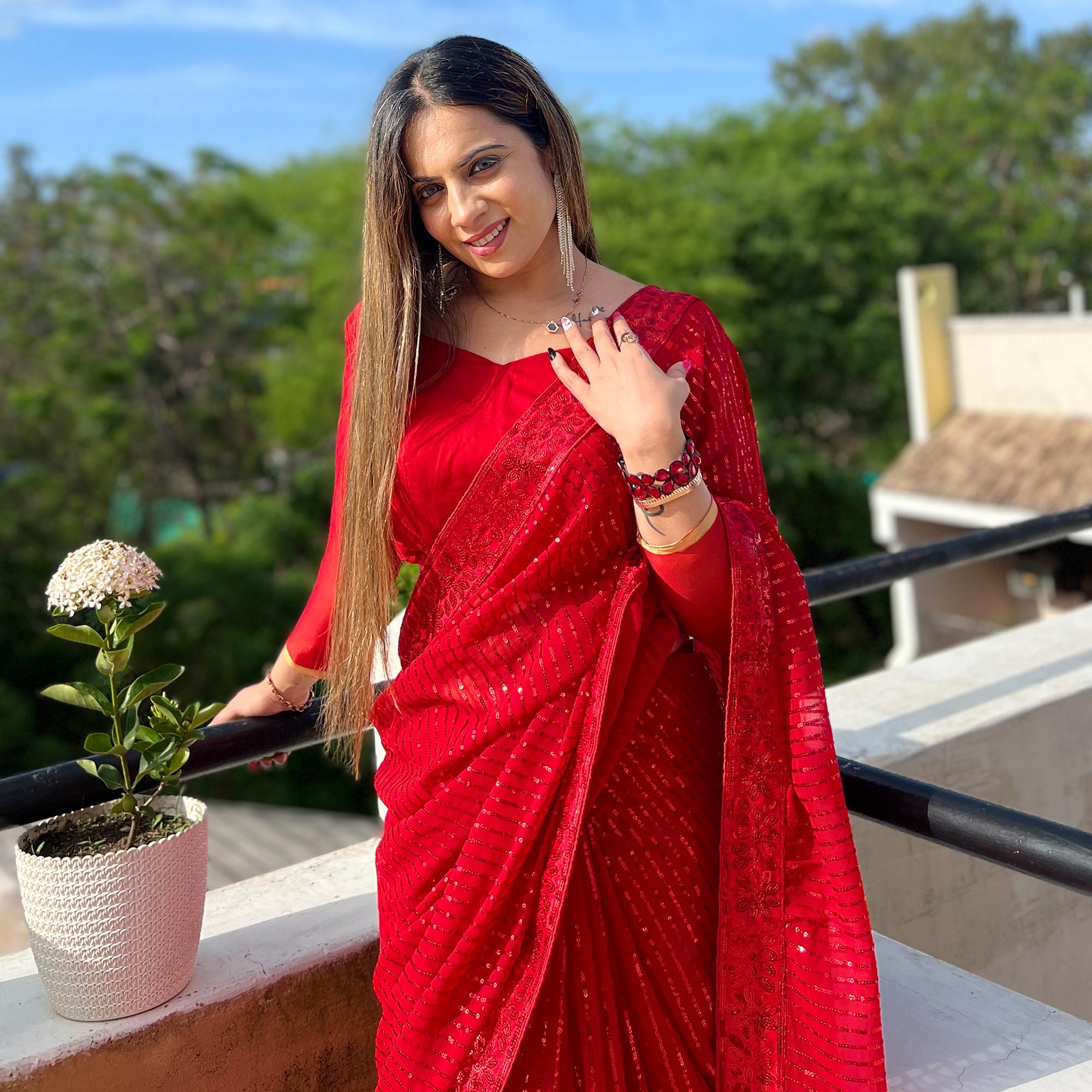 Red Sequins Embroidered Georgette Saree