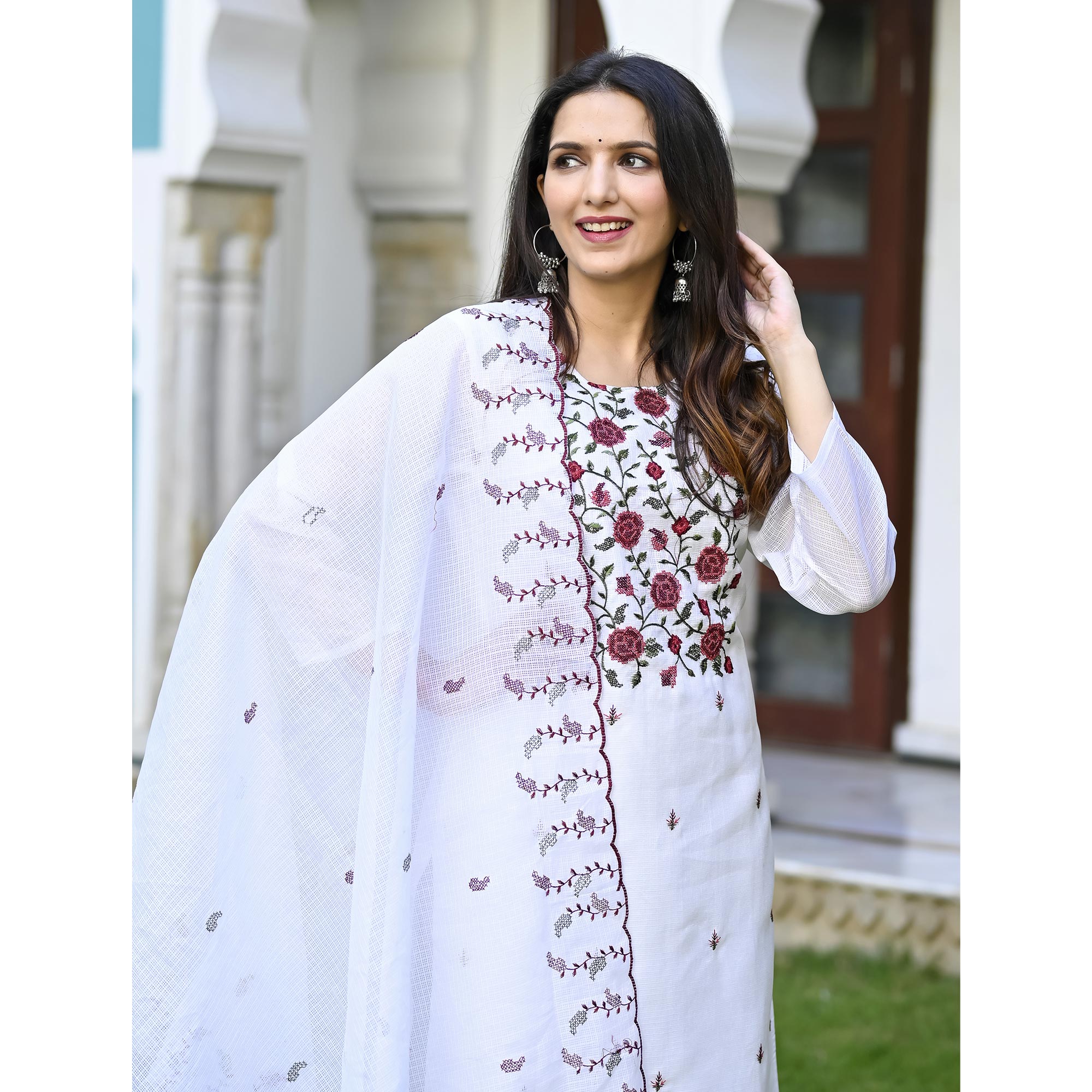 White Floral Sequins Embroidered Kota Doria Salwar Suit