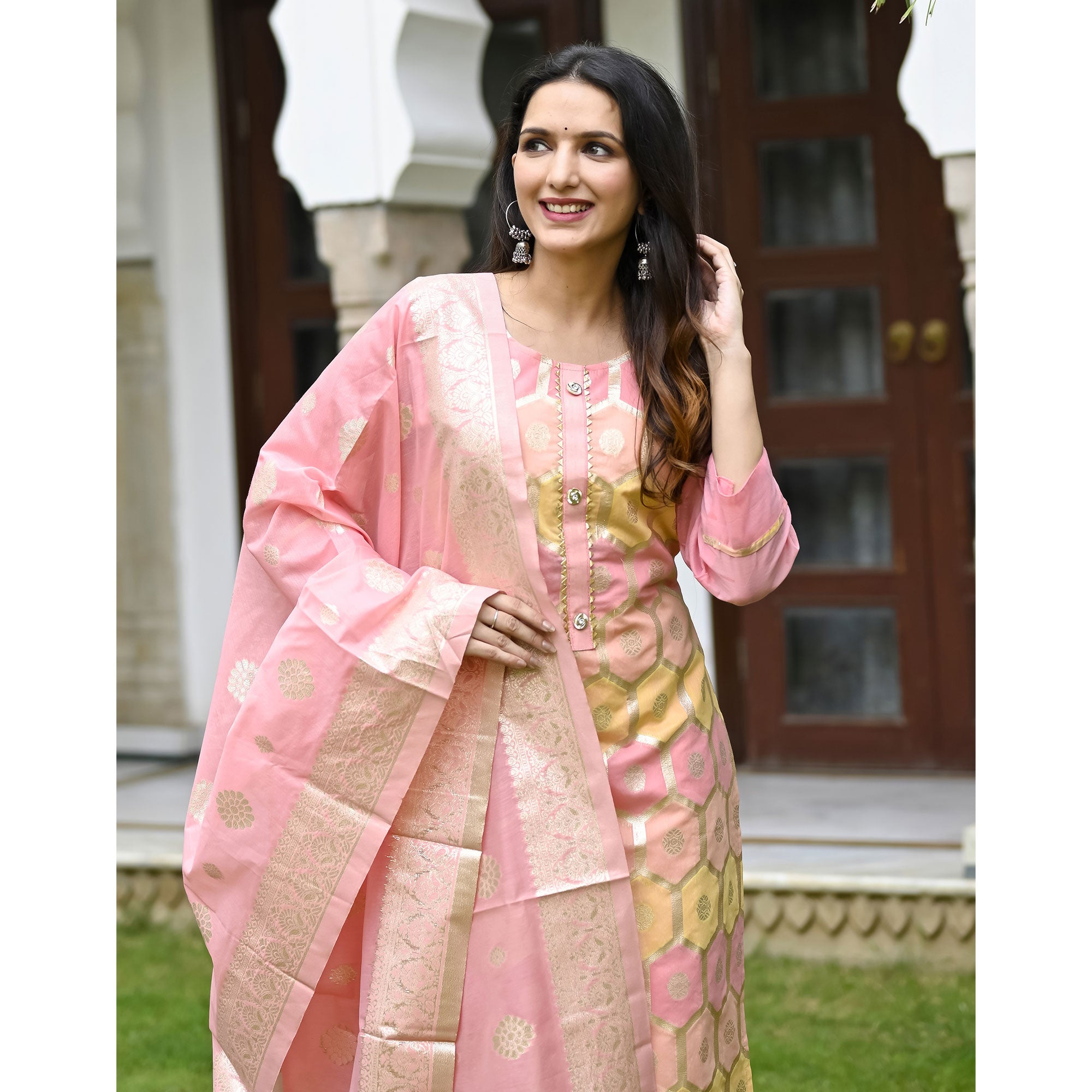 Pink Woven Banarasi Silk Salwar Suit