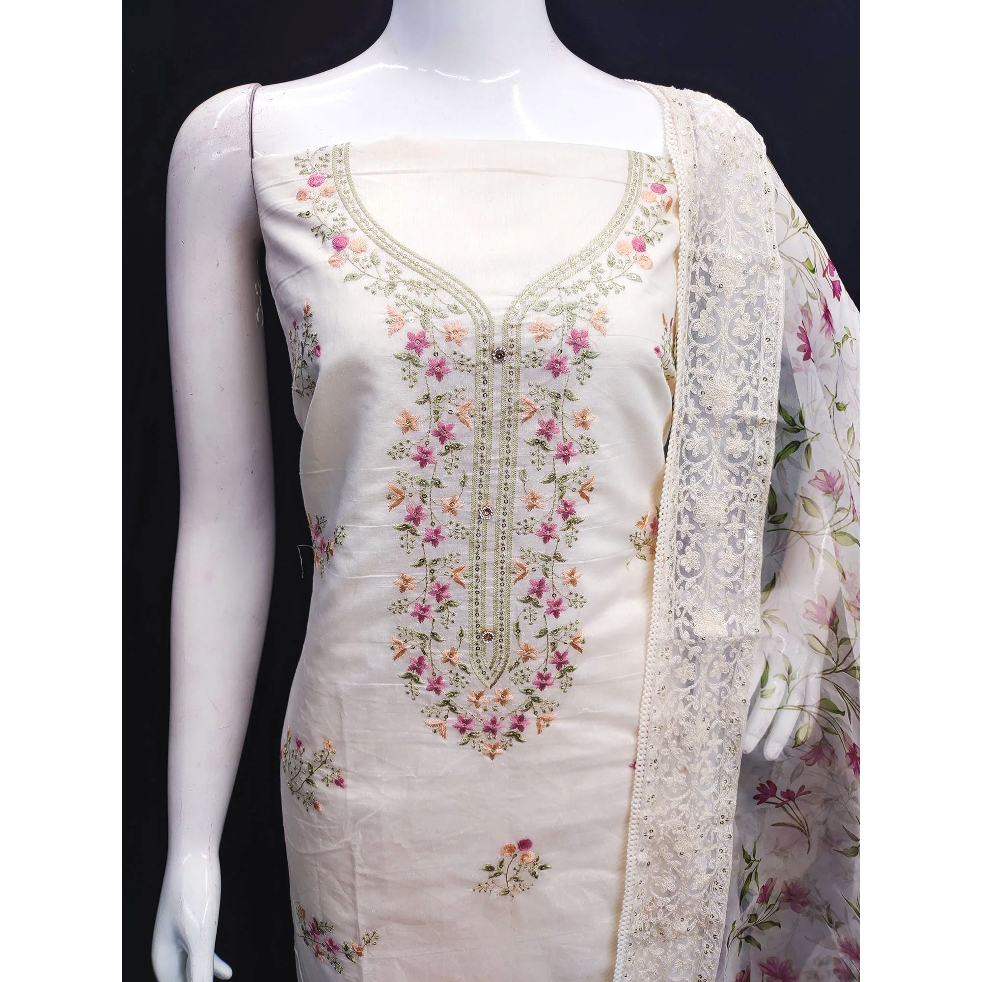 Off White Floral Embroidered Chanderi Dress Material