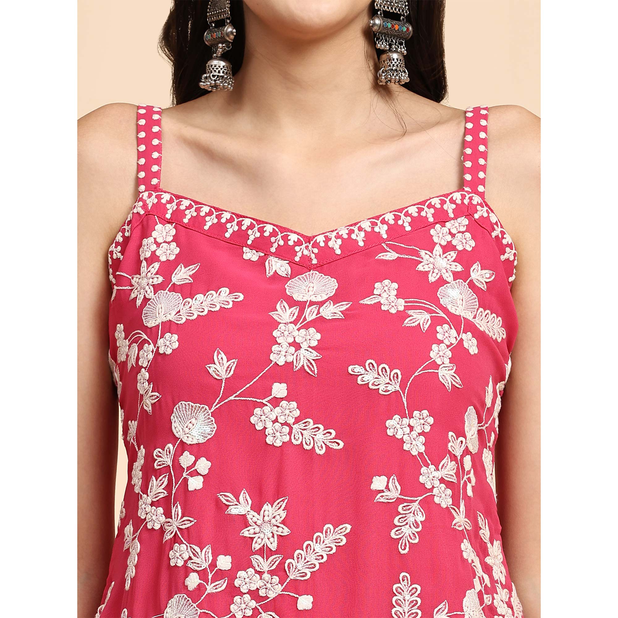 Pink Floral Sequins Embroidered Georgette Semi Stitched Suit