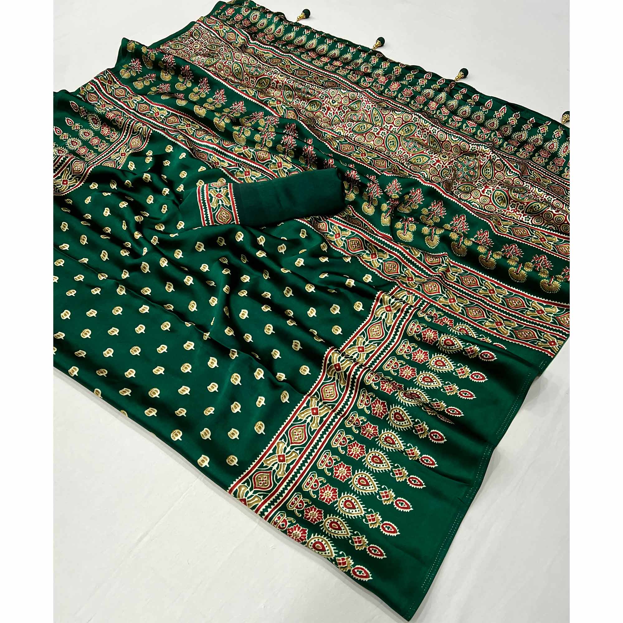 Green Ajrakh Inspired Printed Modal Satin Saree for Party Occasions