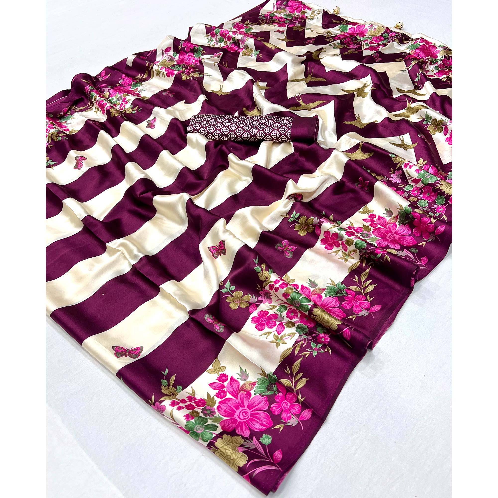 Wine Floral Printed Modal Satin Party Wear Saree with a Smooth Satin Finish