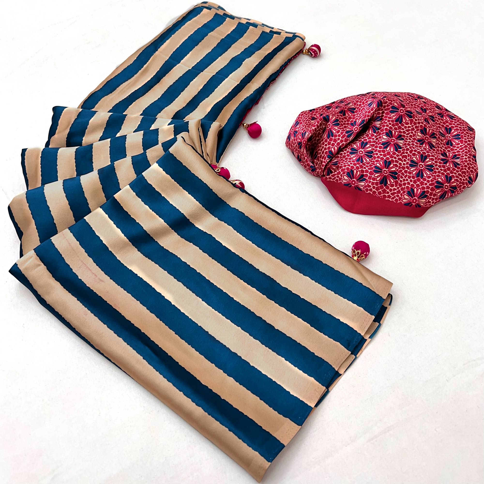 Blue Modal Satin Saree with Subtle Stripe Design and Ajrakh Print on Pallu