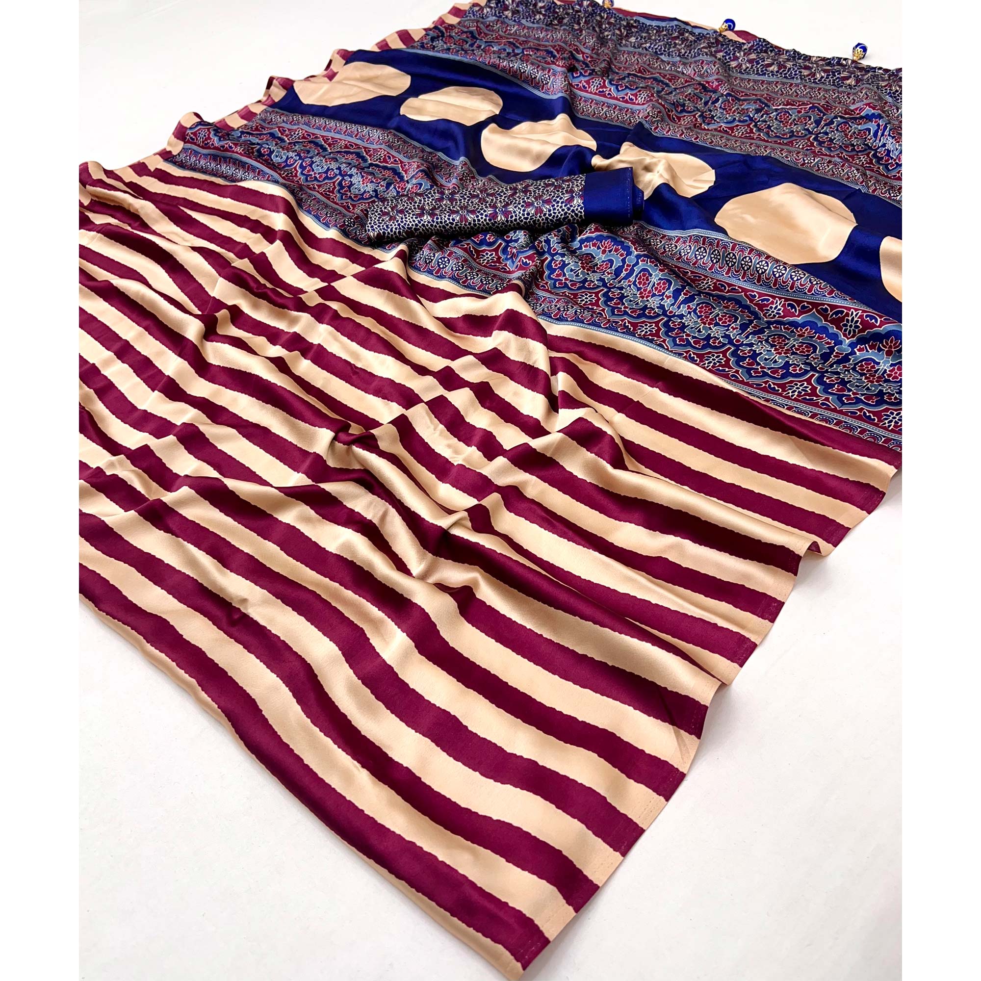 Wine Modal Satin Saree with Subtle Stripe Design and Ajrakh Print on Pallu