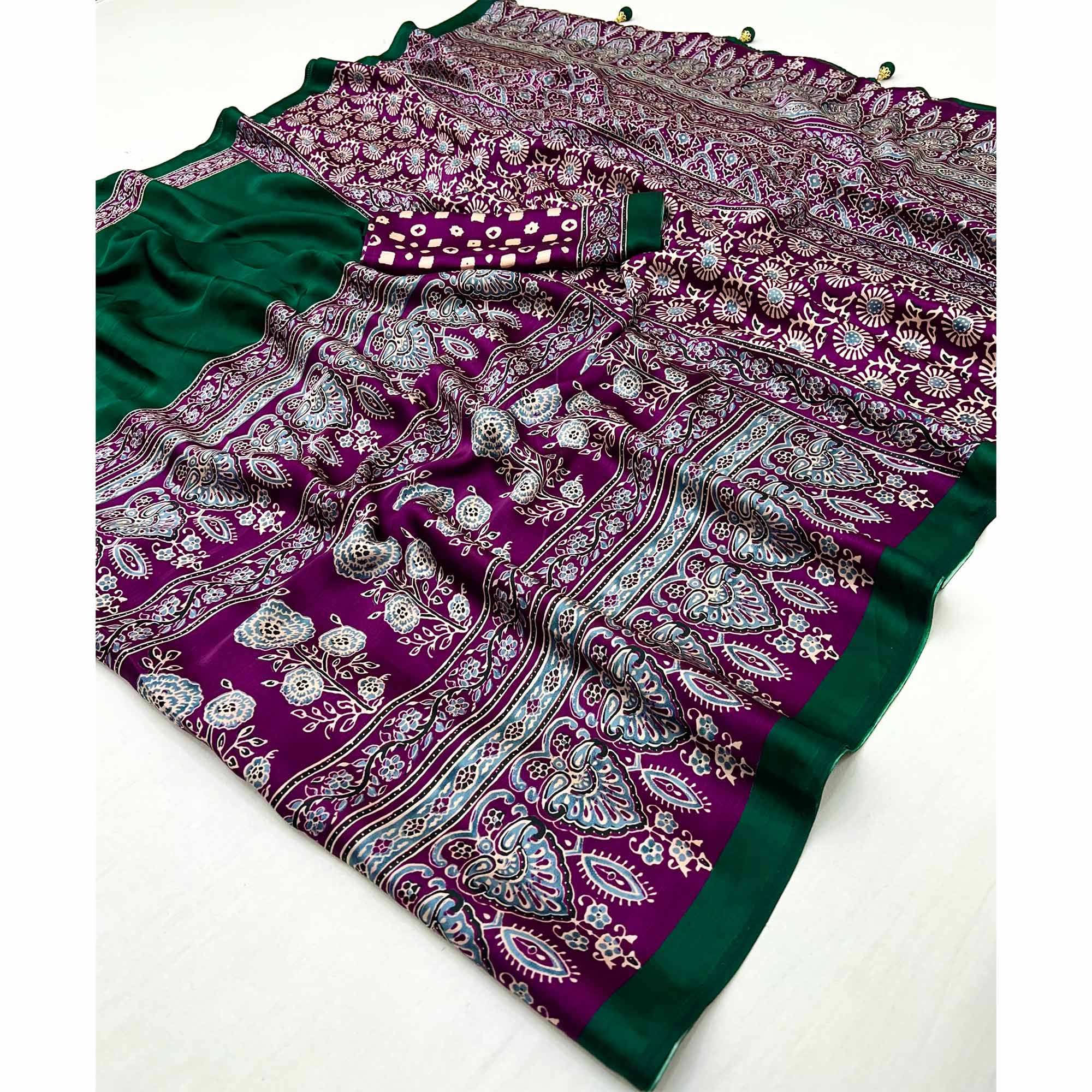 Green & Purple Ajrakh Printed Modal Satin Saree with Elegant Party Wear Appeal