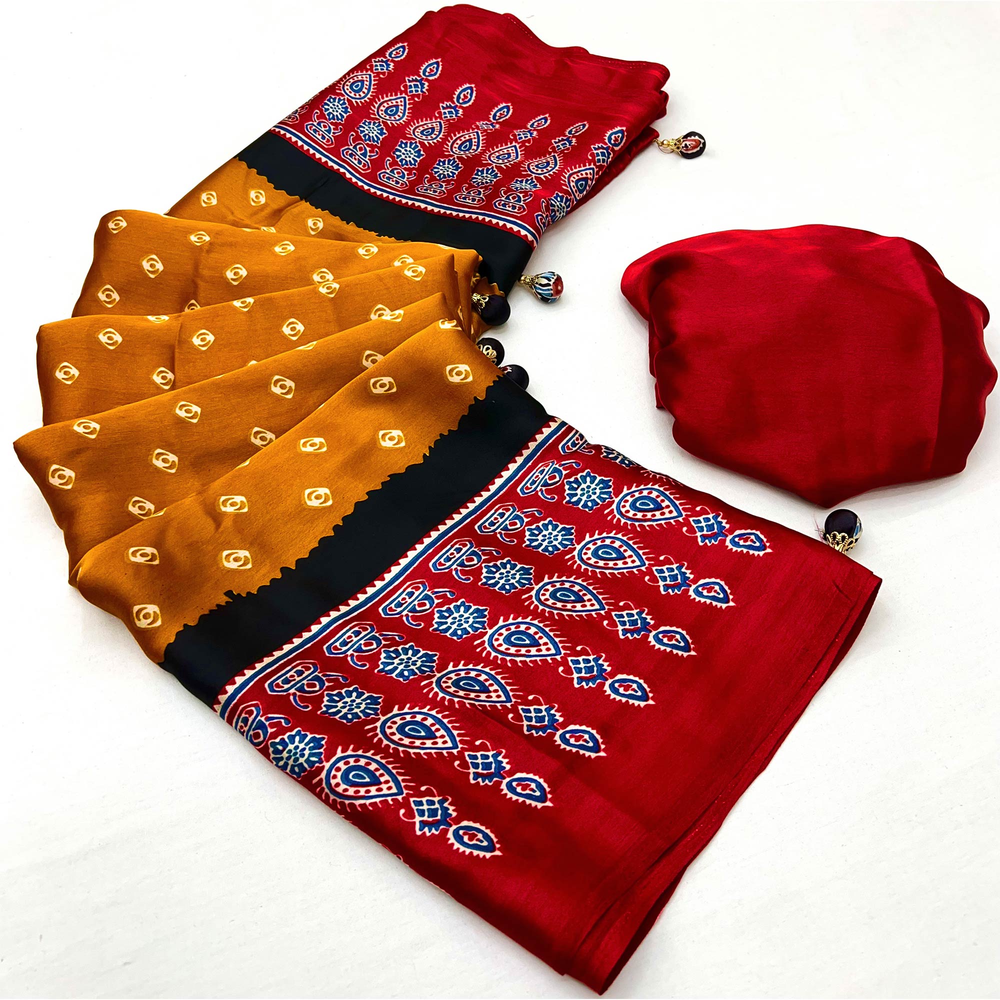 Mustard Ajrakh Printed Modal Satin Saree with Traditional Ajrakh Charm