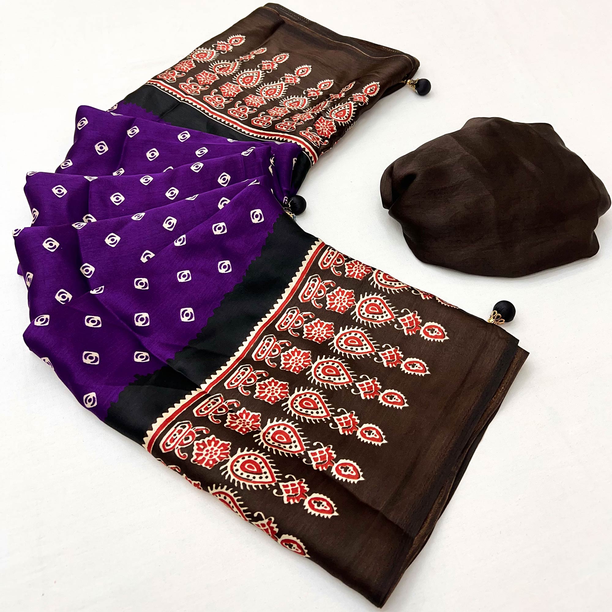 Violet Ajrakh Printed Modal Satin Saree with Traditional Ajrakh Charm