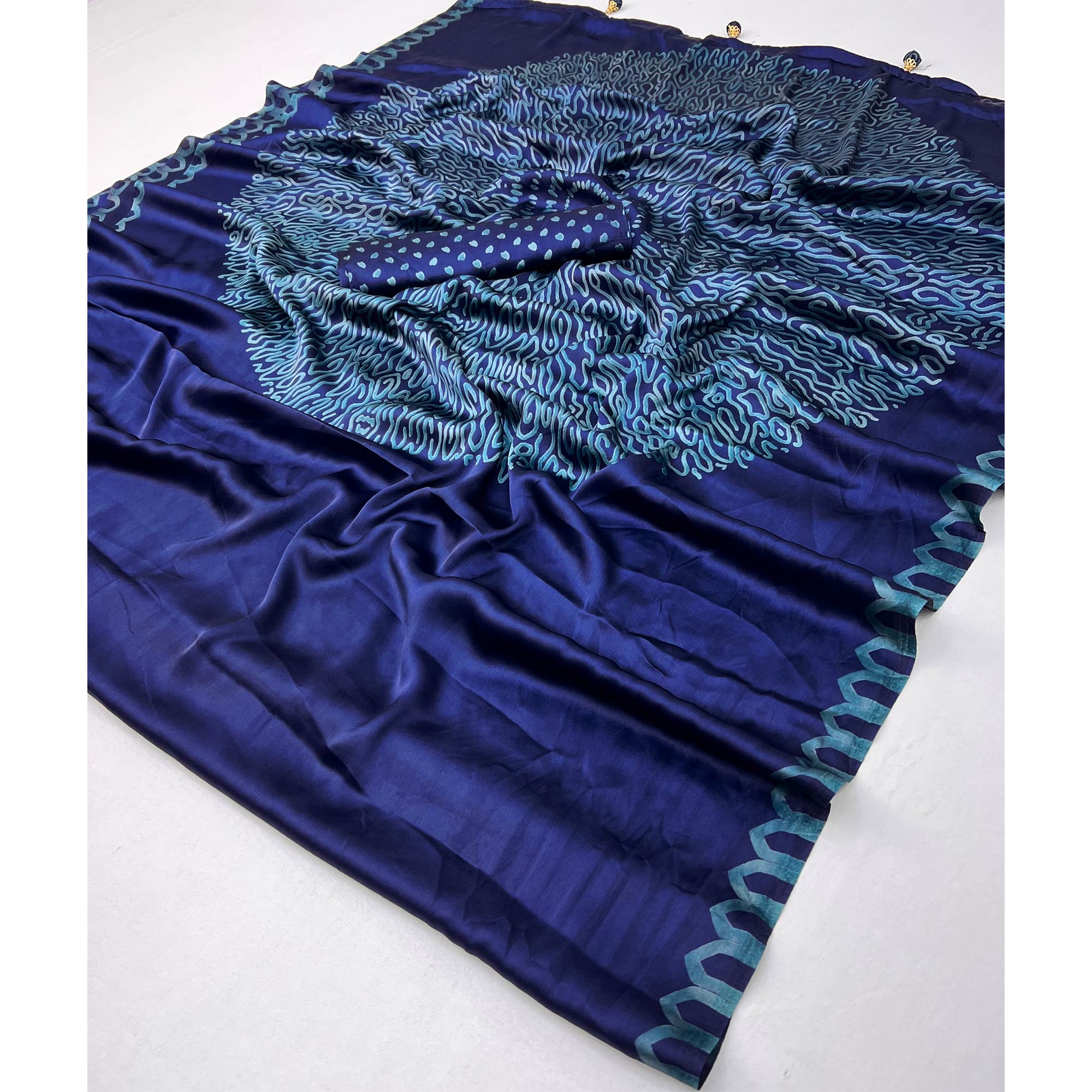 Blue Free Style Printed Modal Satin Party Wear Saree with a Smooth Satin Drape