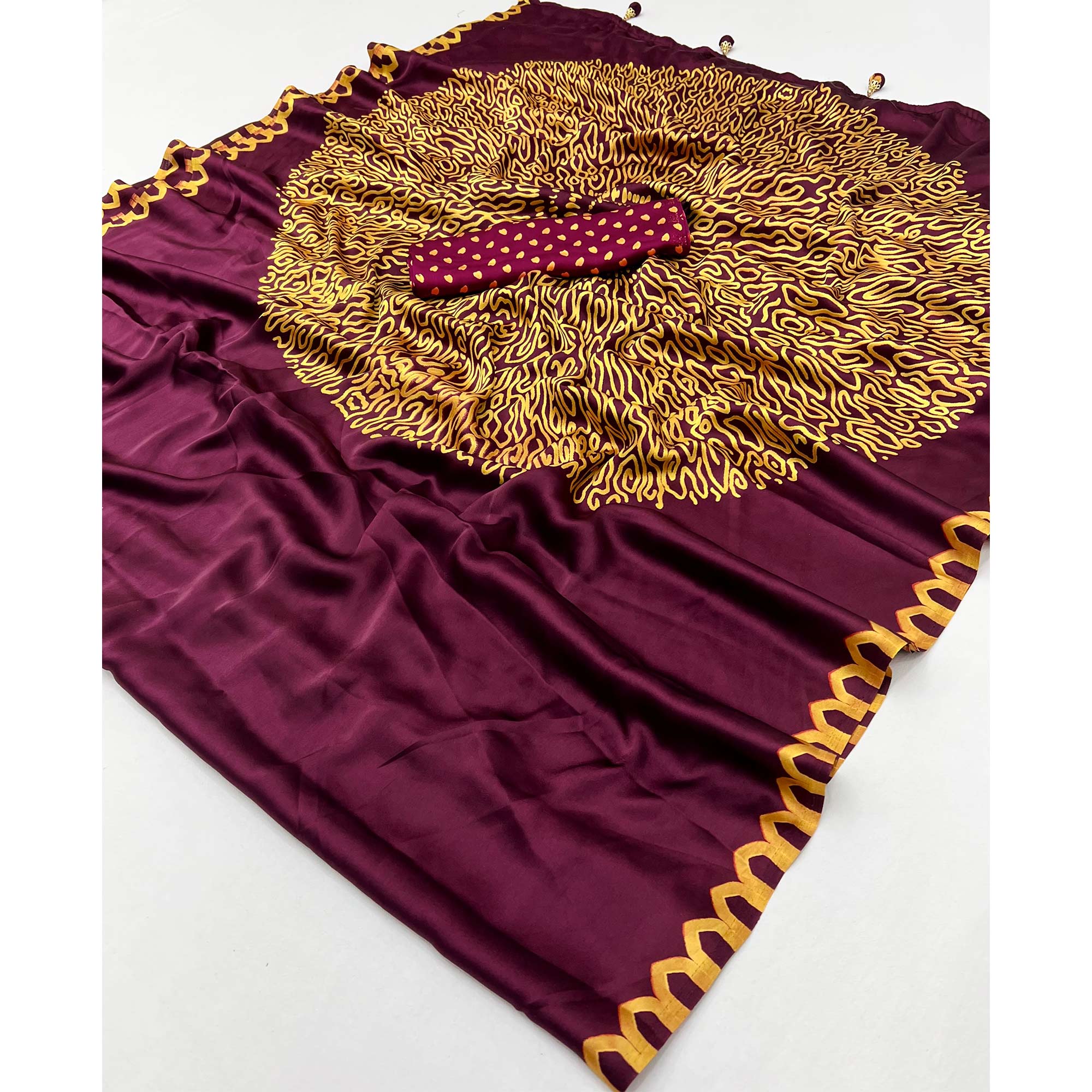 Wine Free Style Printed Modal Satin Party Wear Saree with a Smooth Satin Drape