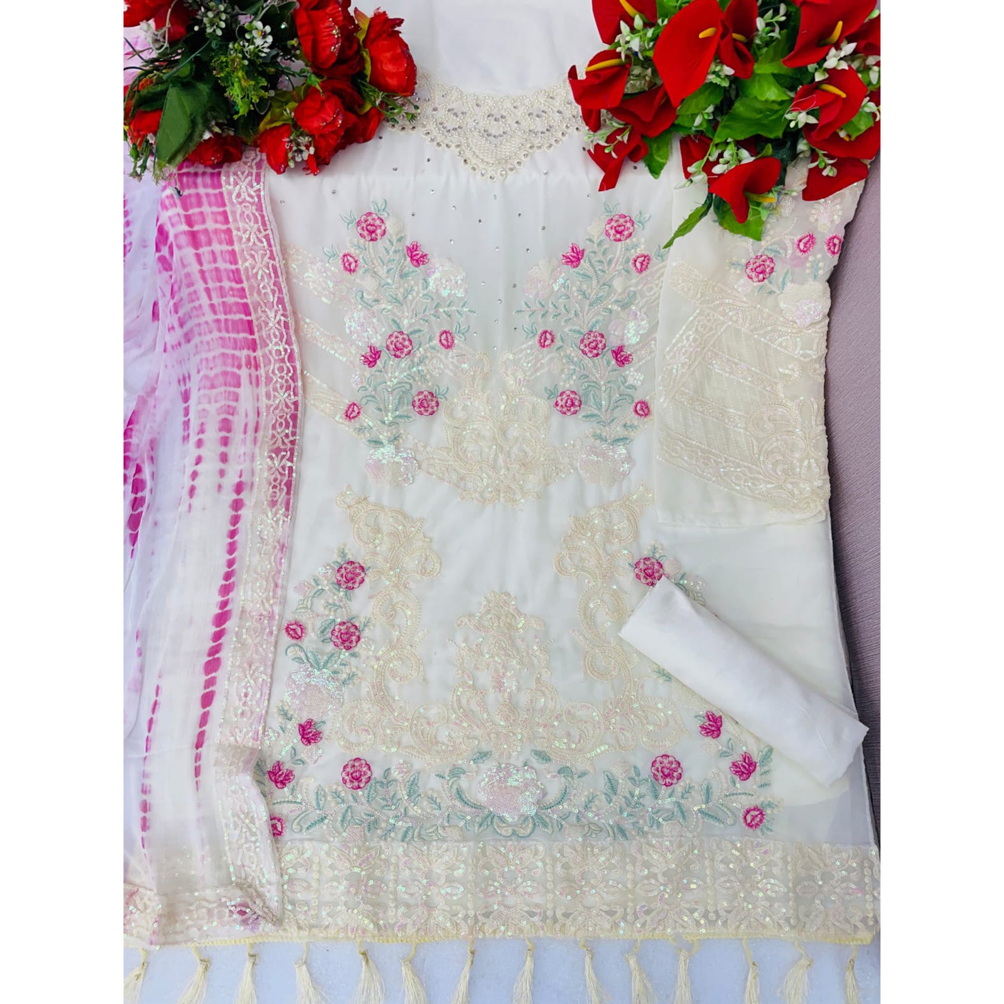 White & Pink Floral Sequins Embroidered Georgette Semi Stitched Pakistani Suit