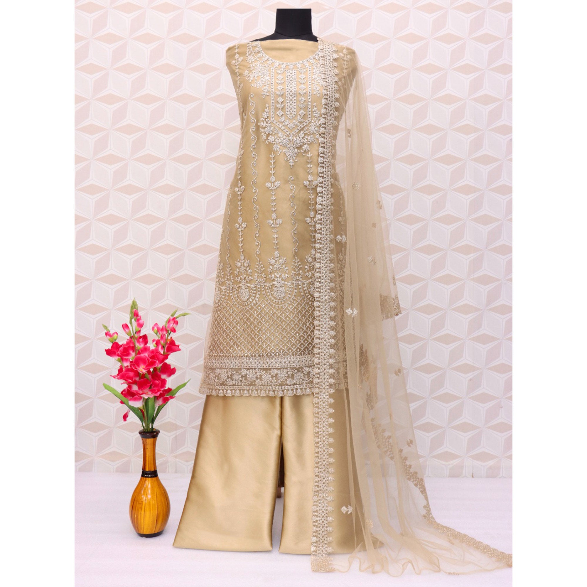 Beige Sequins Embroidered Net Semi Stitched Pakistani Suit