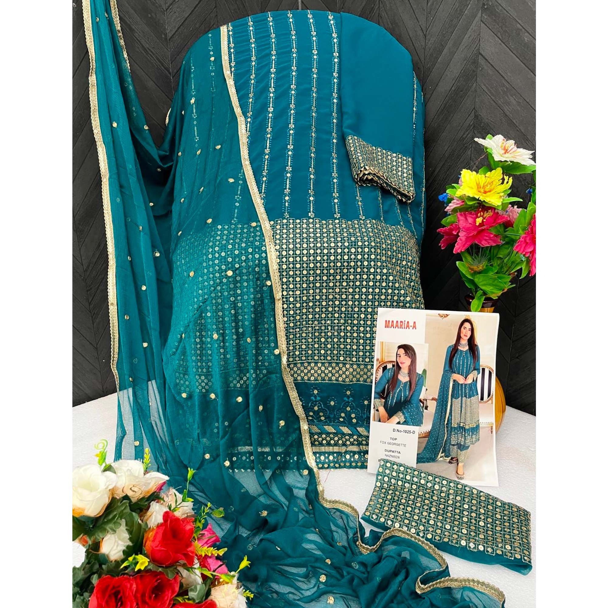 Rama Blue Sequins Embroidered Georgette Semi Stitched Salwar Suit