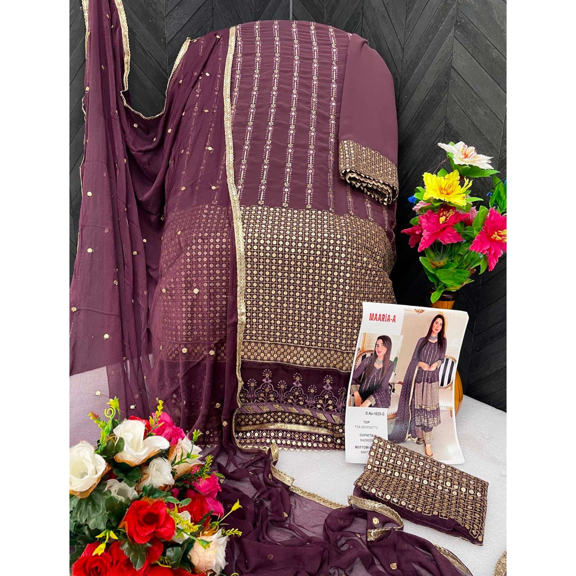 Mauve Sequins Embroidered Georgette Semi Stitched Salwar Suit