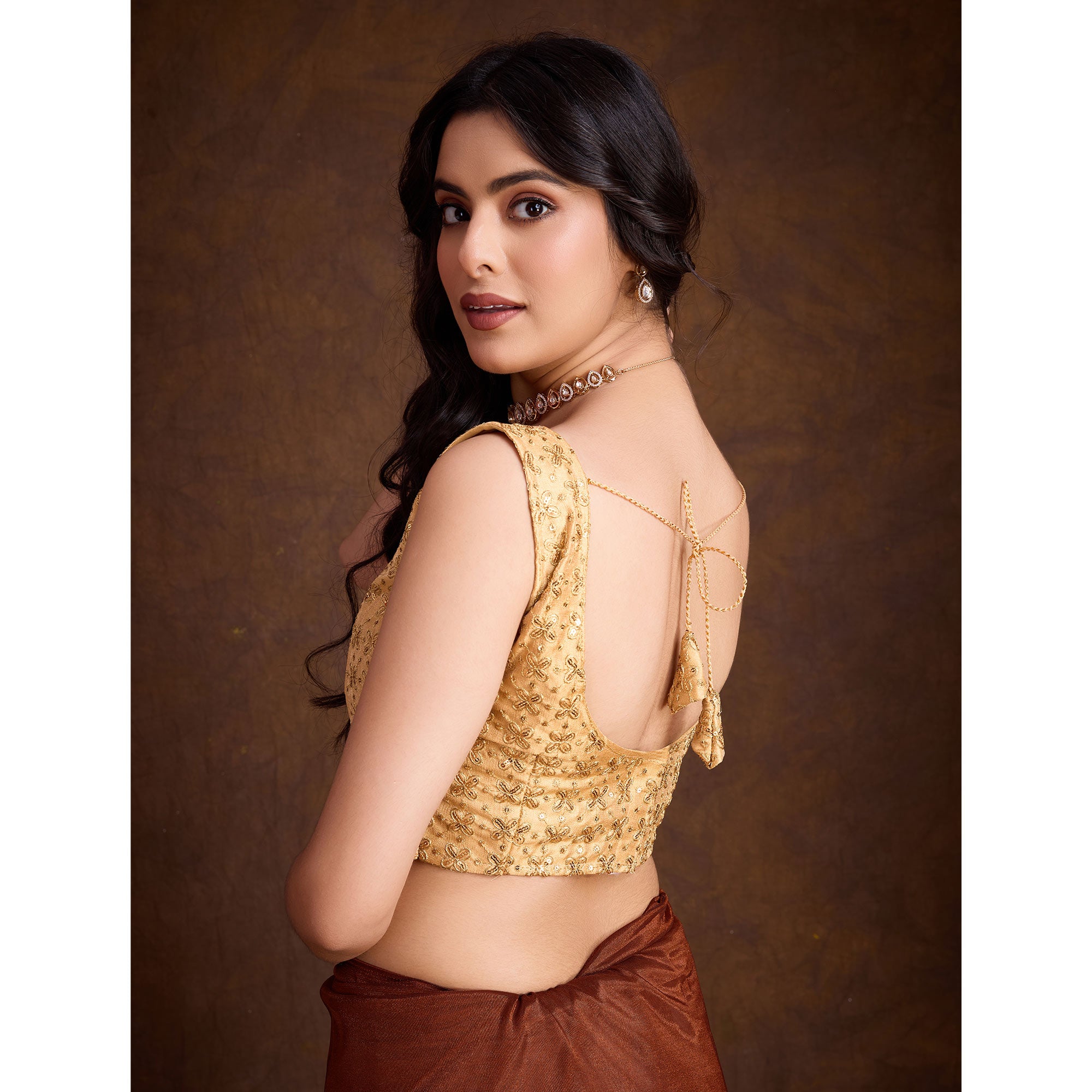 Brown Swarovski Work Shimmer Net Saree