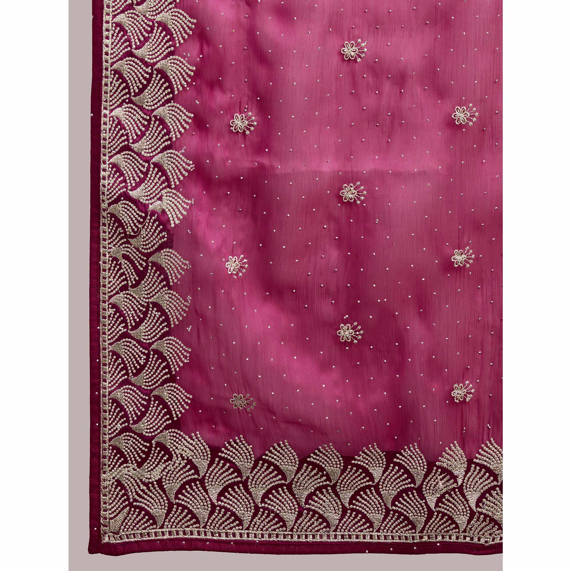 Pink Embroidered Tussar Silk Saree