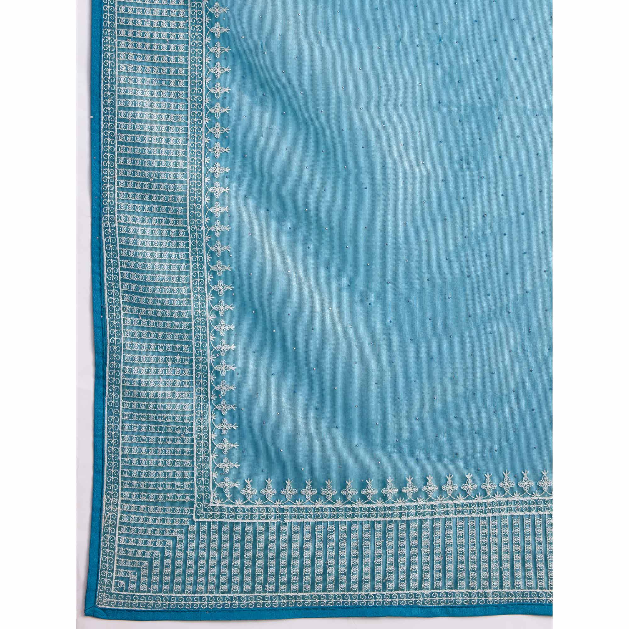 Blue Swarovski Work Embroidered Net Saree