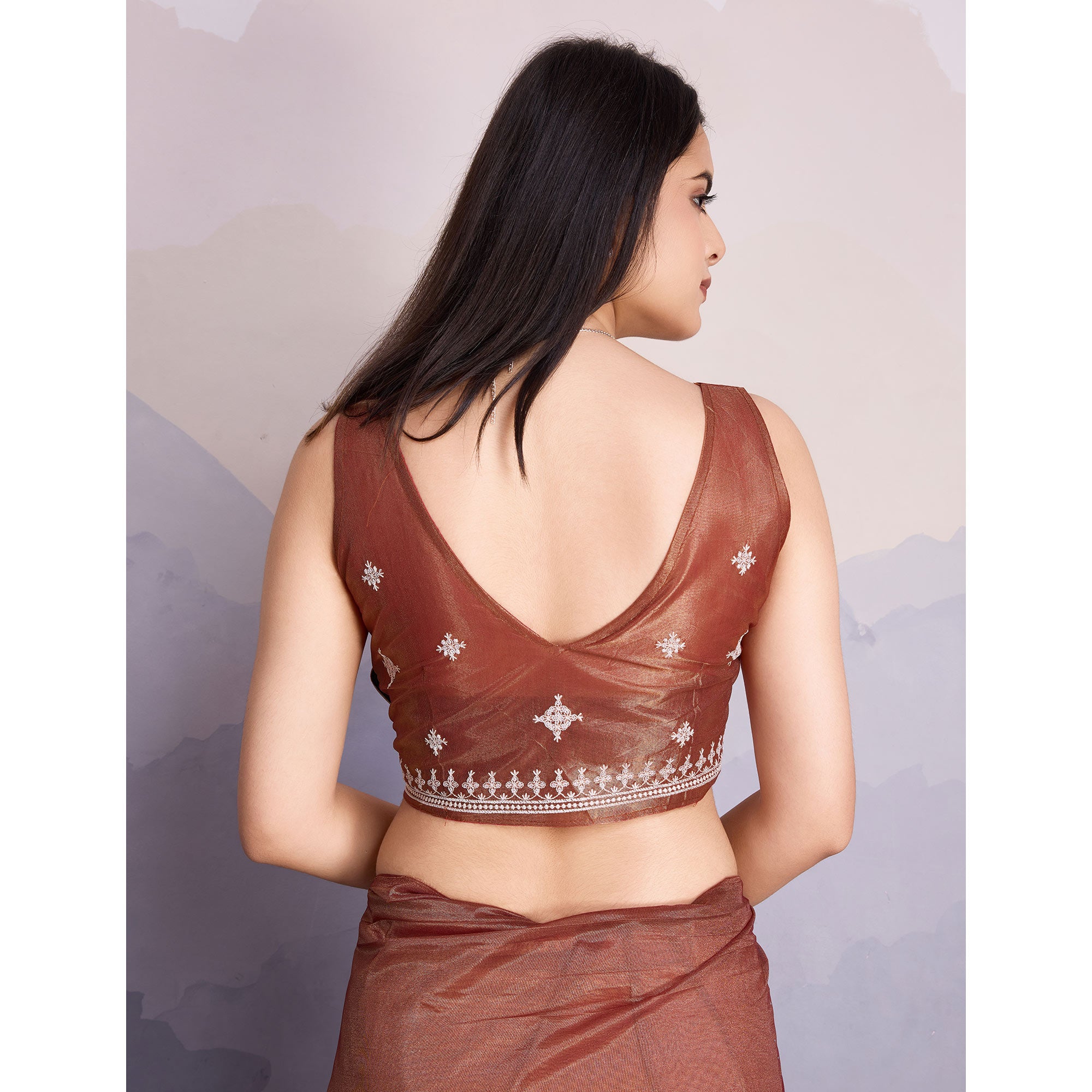 Brown Swarovski Work Embroidered Net Saree