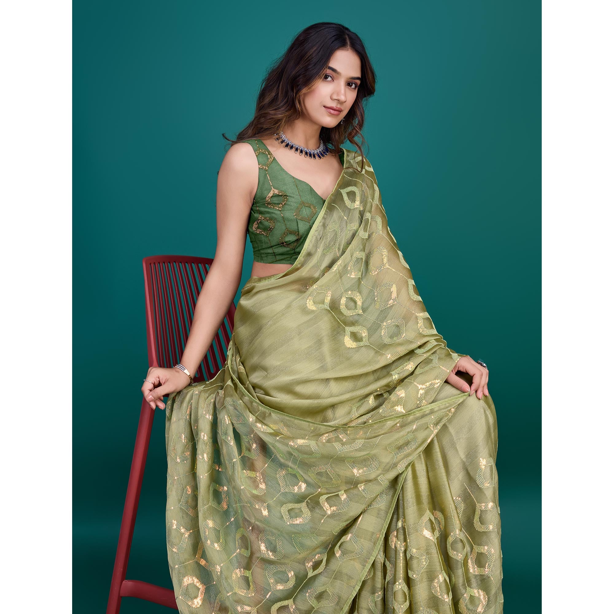 Green Sequins Embroidered Georgette Saree