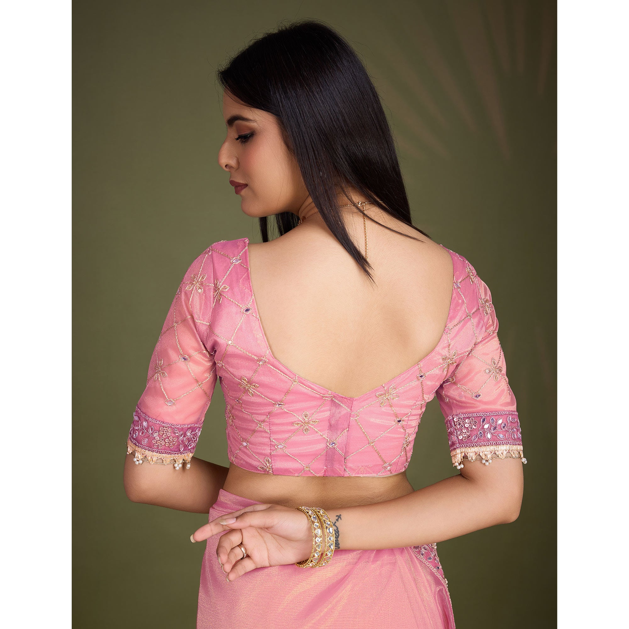 Light Pink Sequins Embroidery With Mirror Handwork Twill Net Saree