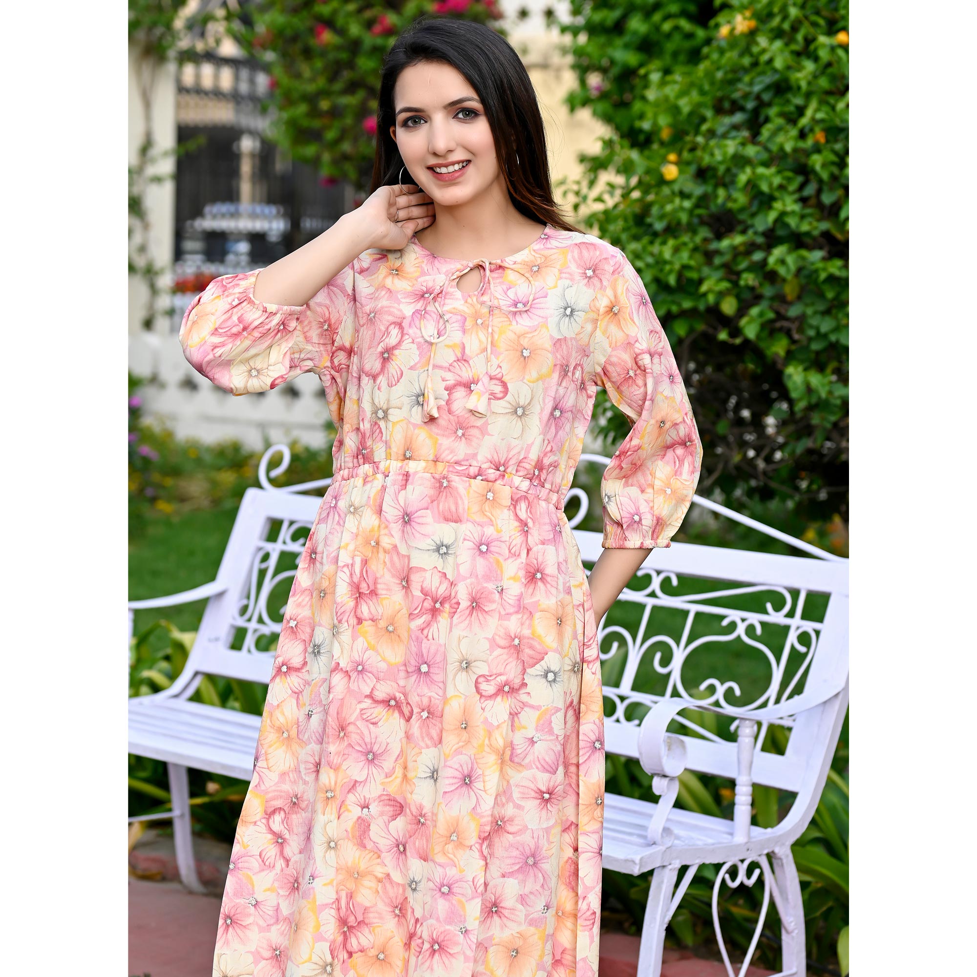 Pink Floral Printed Rayon Dress