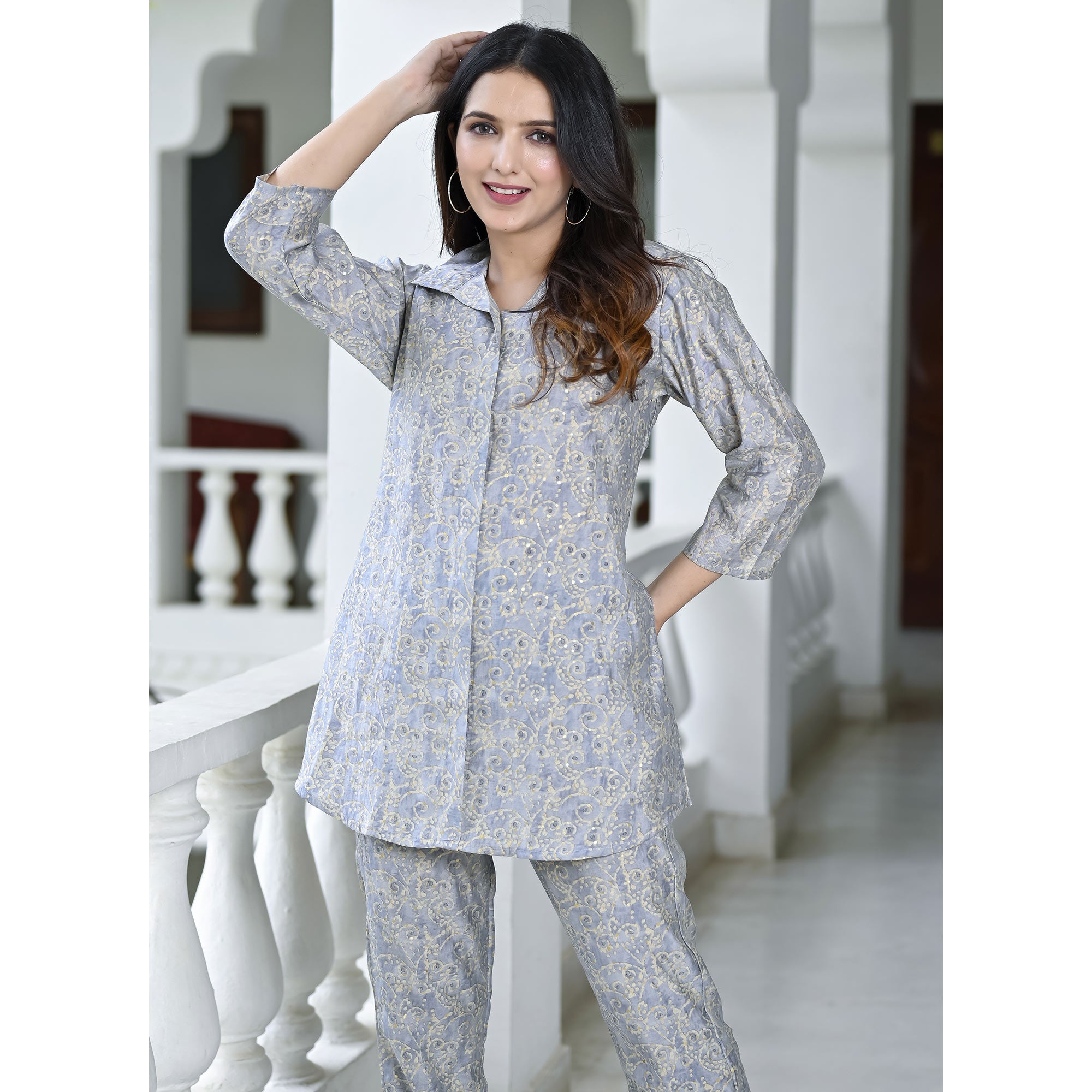 Grey Floral Printed Chanderi Co Ord Set