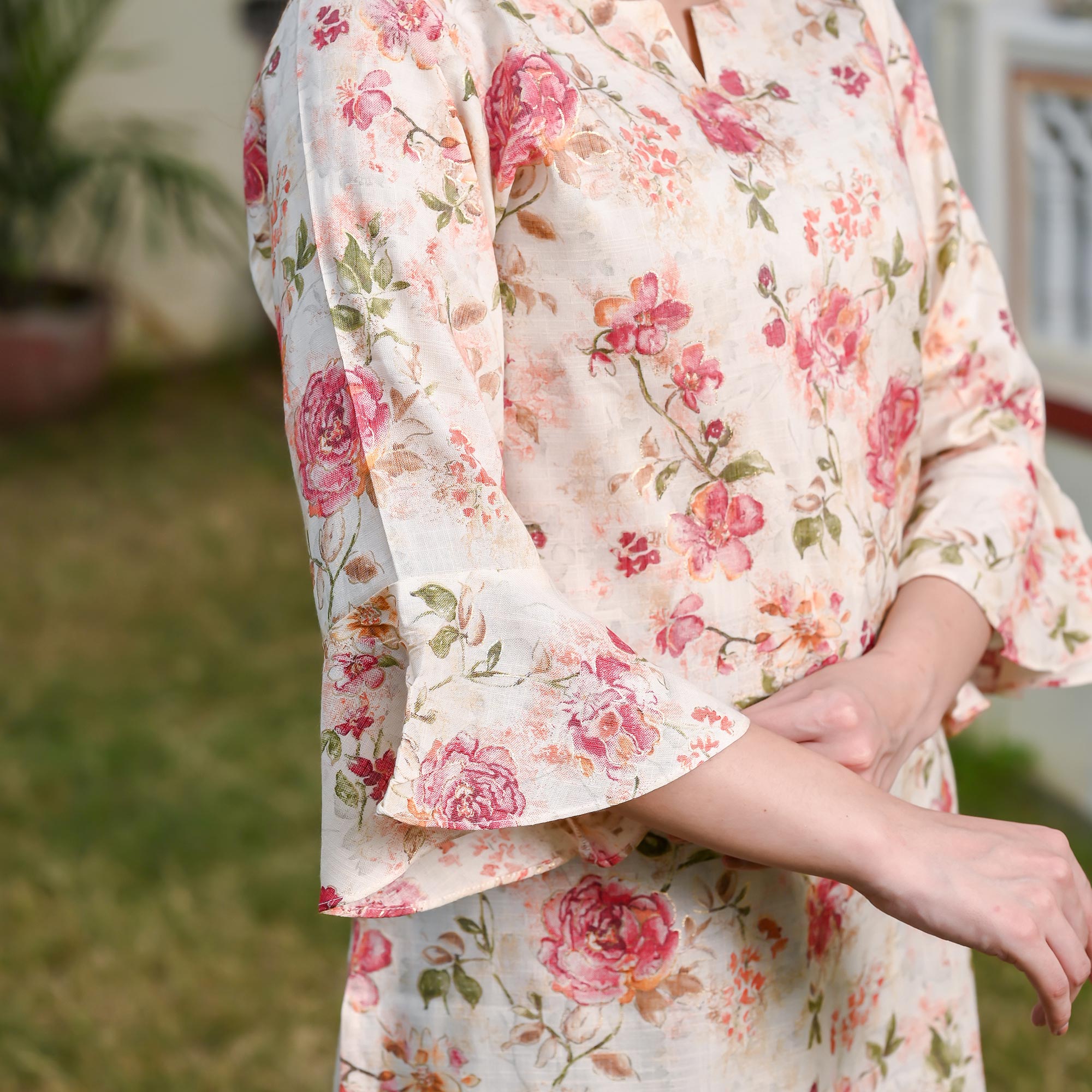 White & Peach Floral Printed Rayon Top