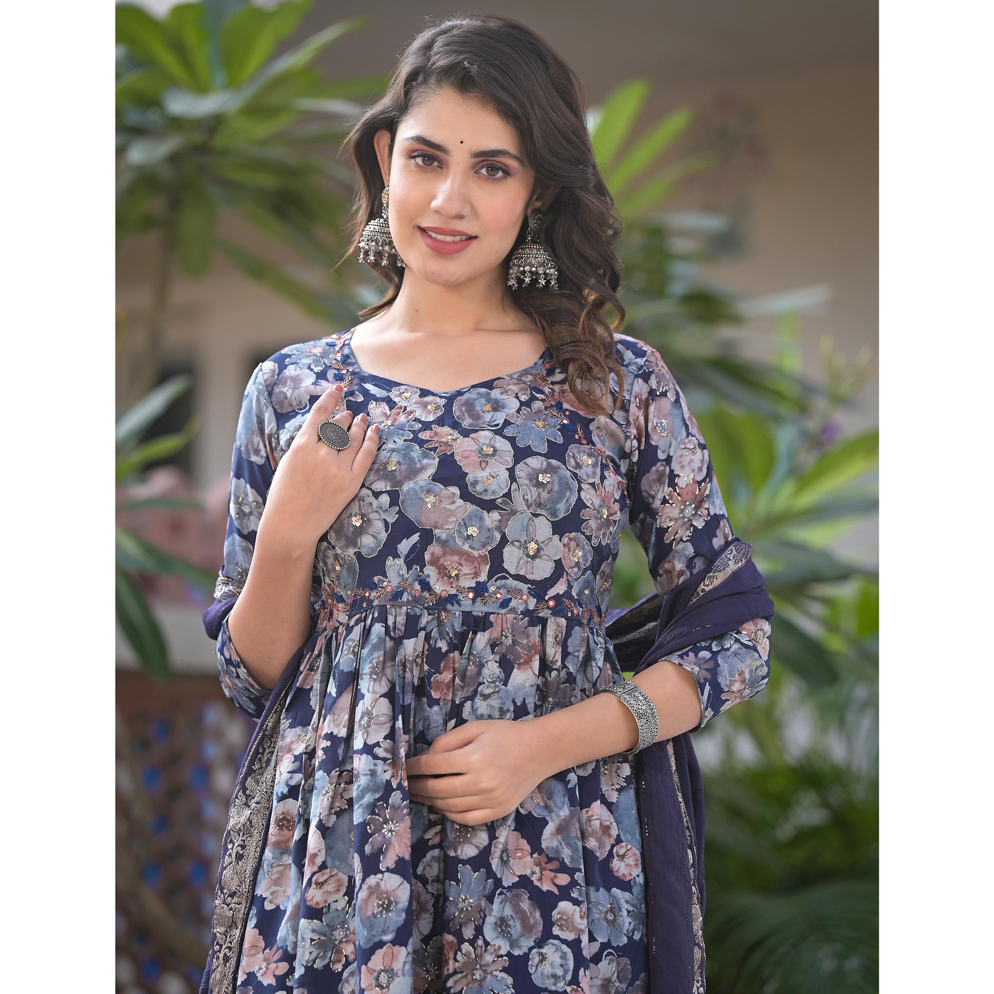 Navy Blue Floral Printed Chanderi Silk Salwar Suit With Handcrafted