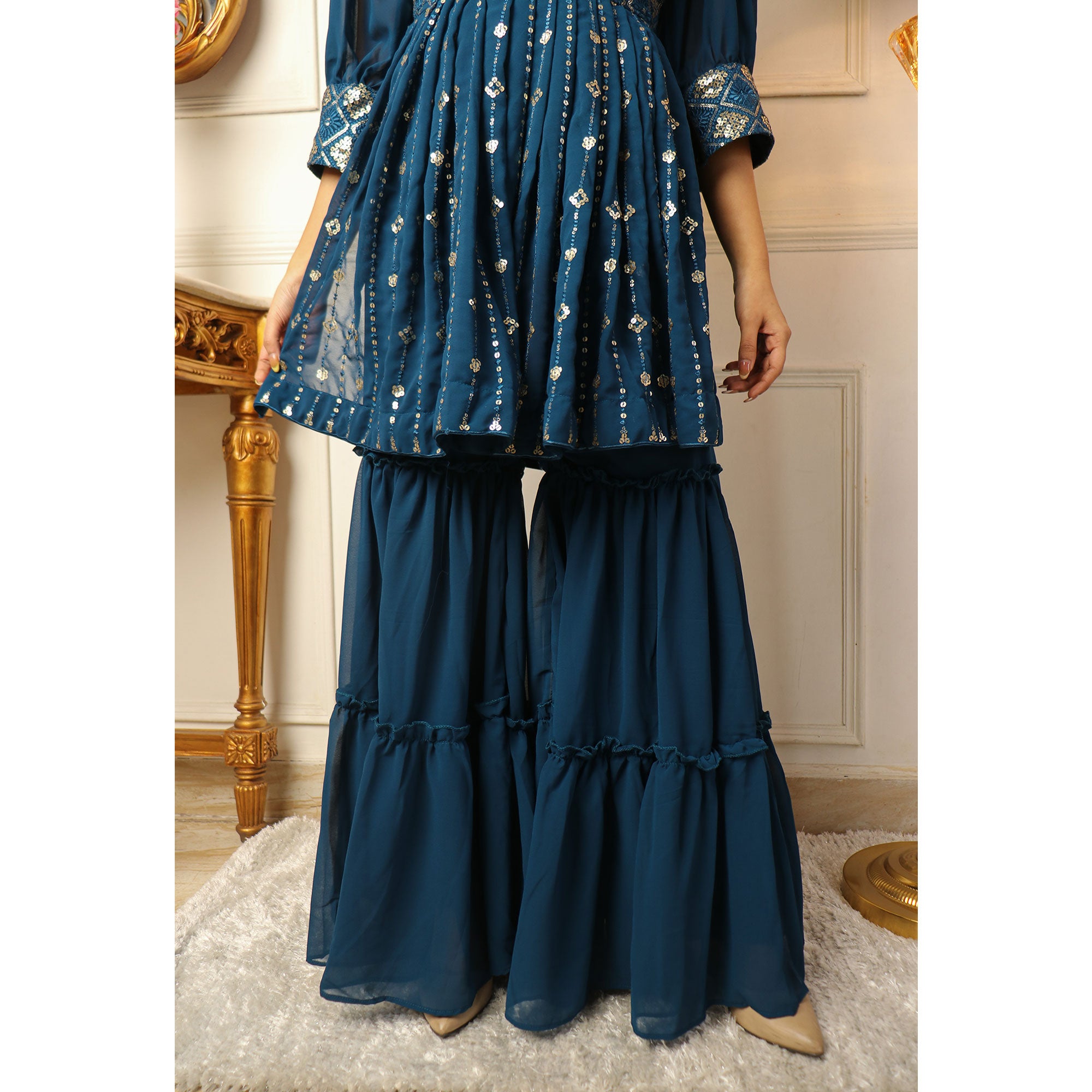 Blue Sequins Embroidered Georgette Sharara Suit