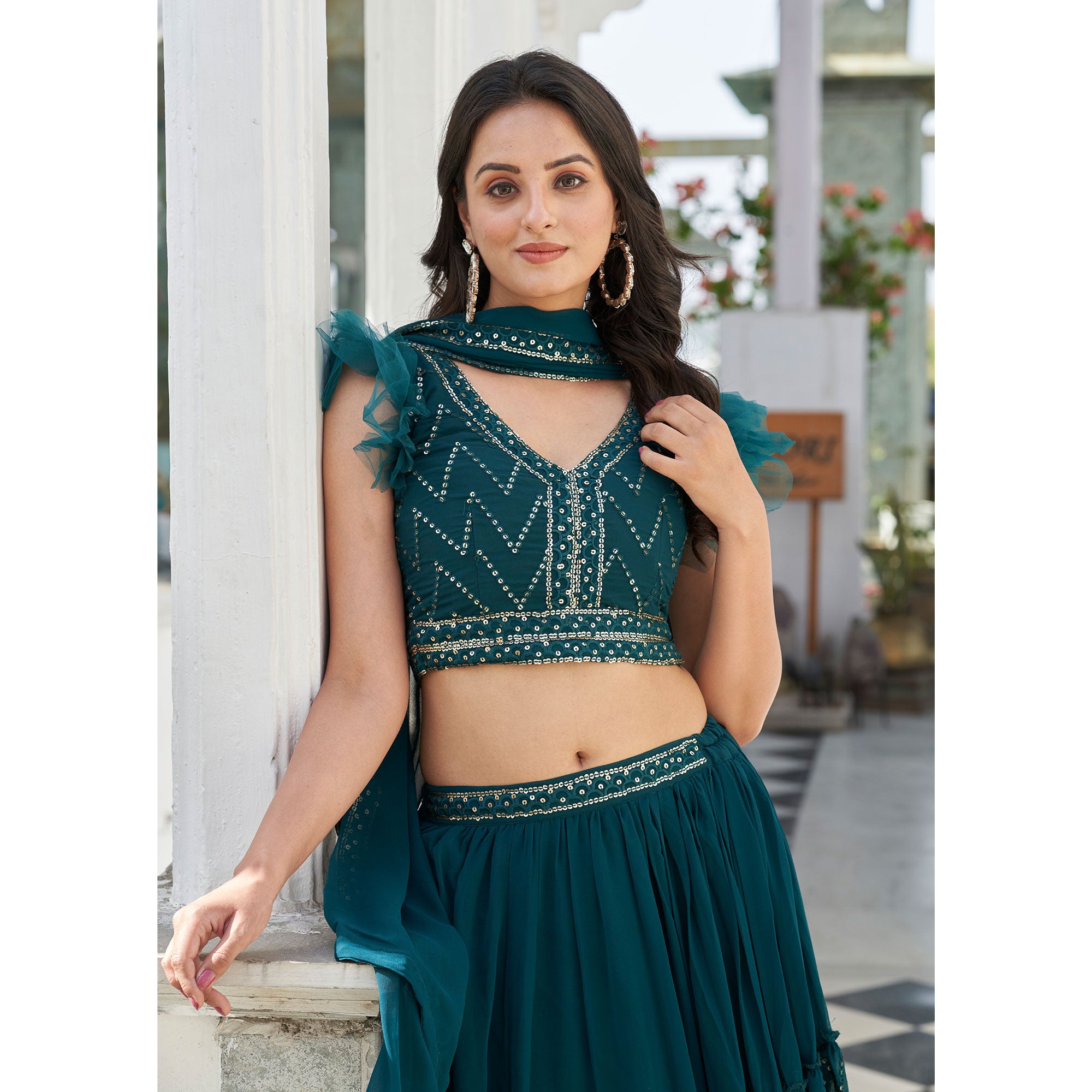 Sea Green Embroidered Georgette Lehenga Choli