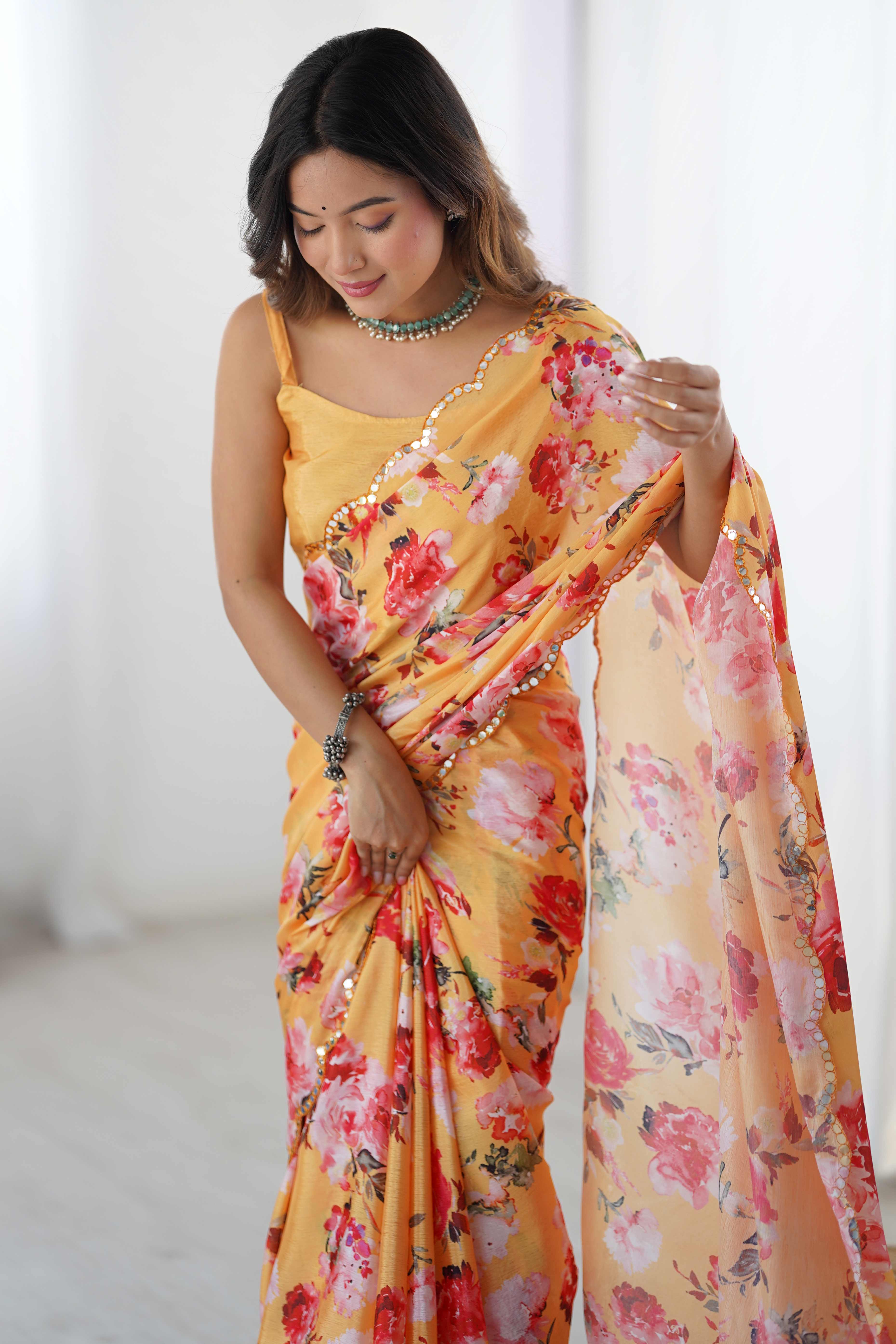 Orange Floral Printed Chinon Saree with Shimmering Mirror Detailing