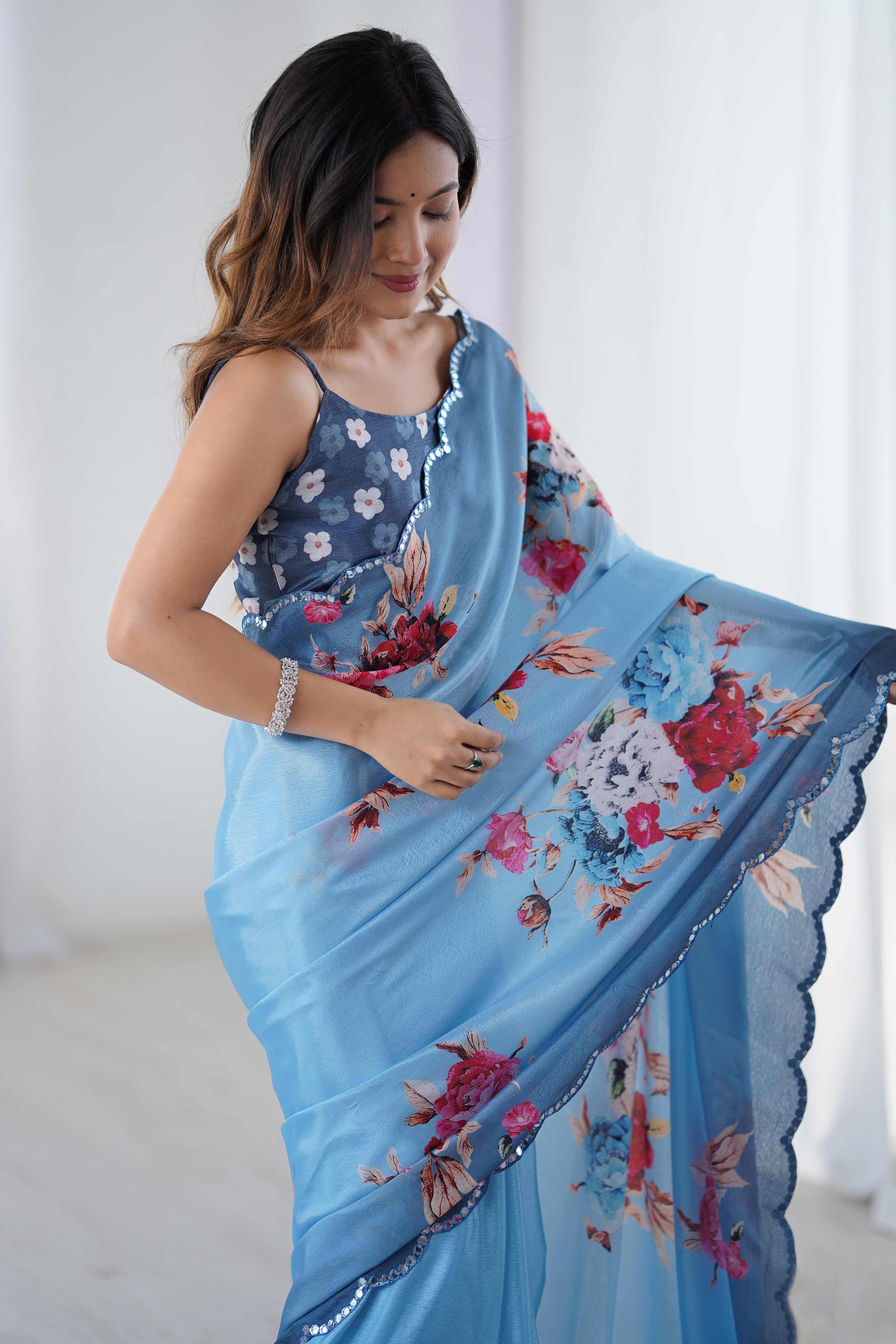 Sky Blue Floral Printed Chinon Saree with Shimmering Mirror Detailing