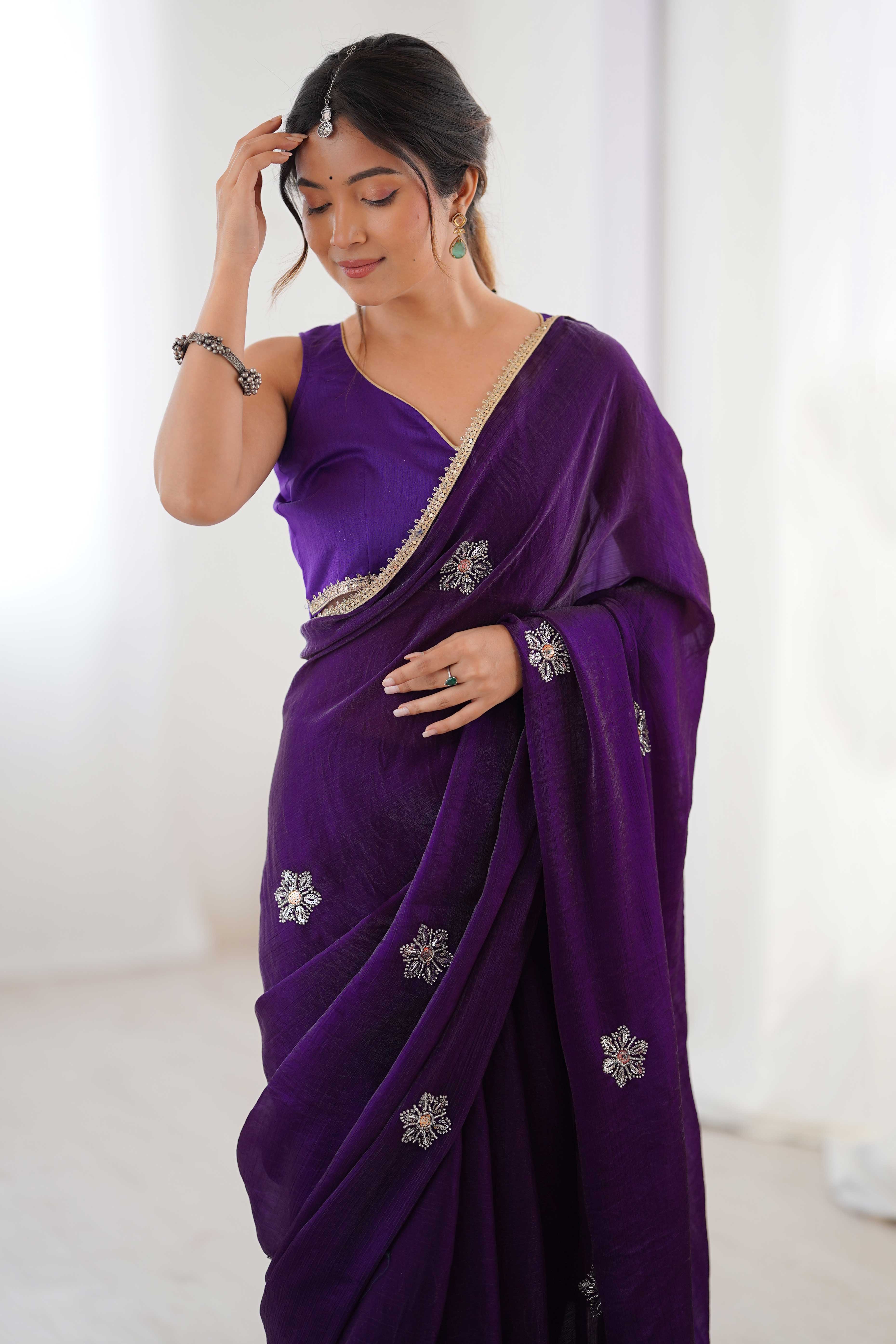 Deep Purple Organza Saree Embellished with Intricate Floral Work and Elegant Lace Detailing