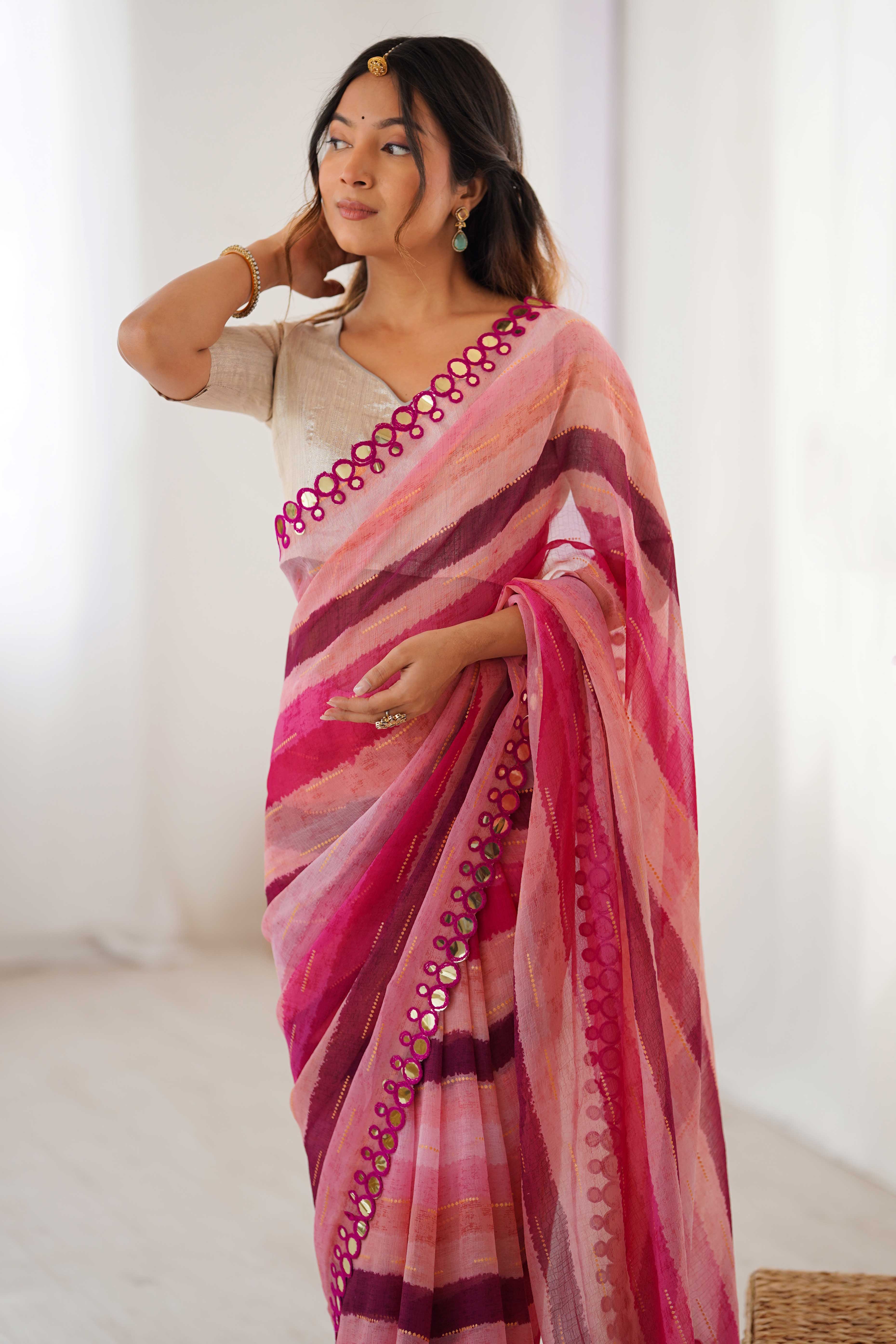 Soft Chiffon Pink Saree Featuring Classic Leheriya and Mirror Work Edges