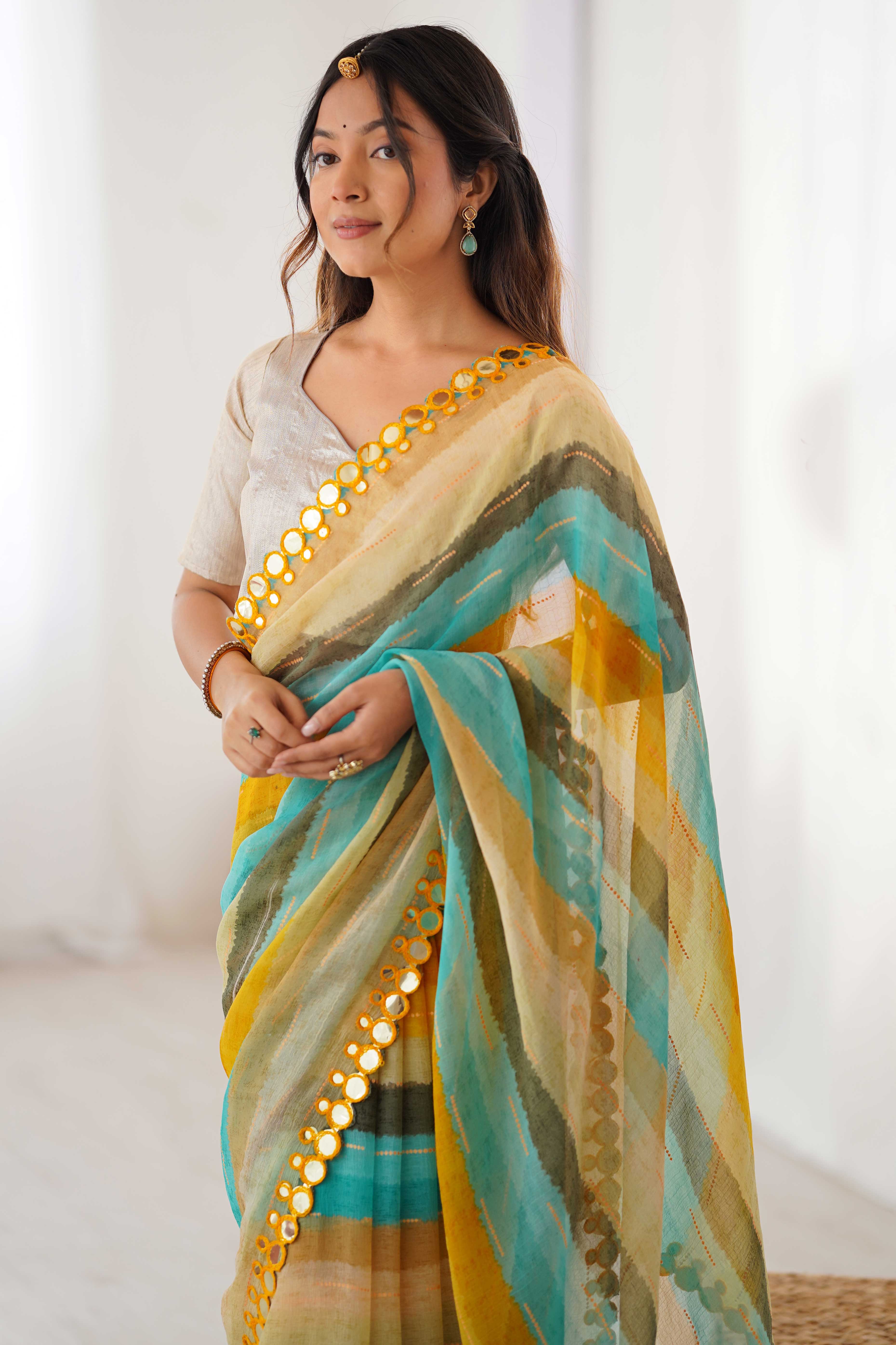 Soft Chiffon Yellow Saree Featuring Classic Leheriya and Mirror Work Edges