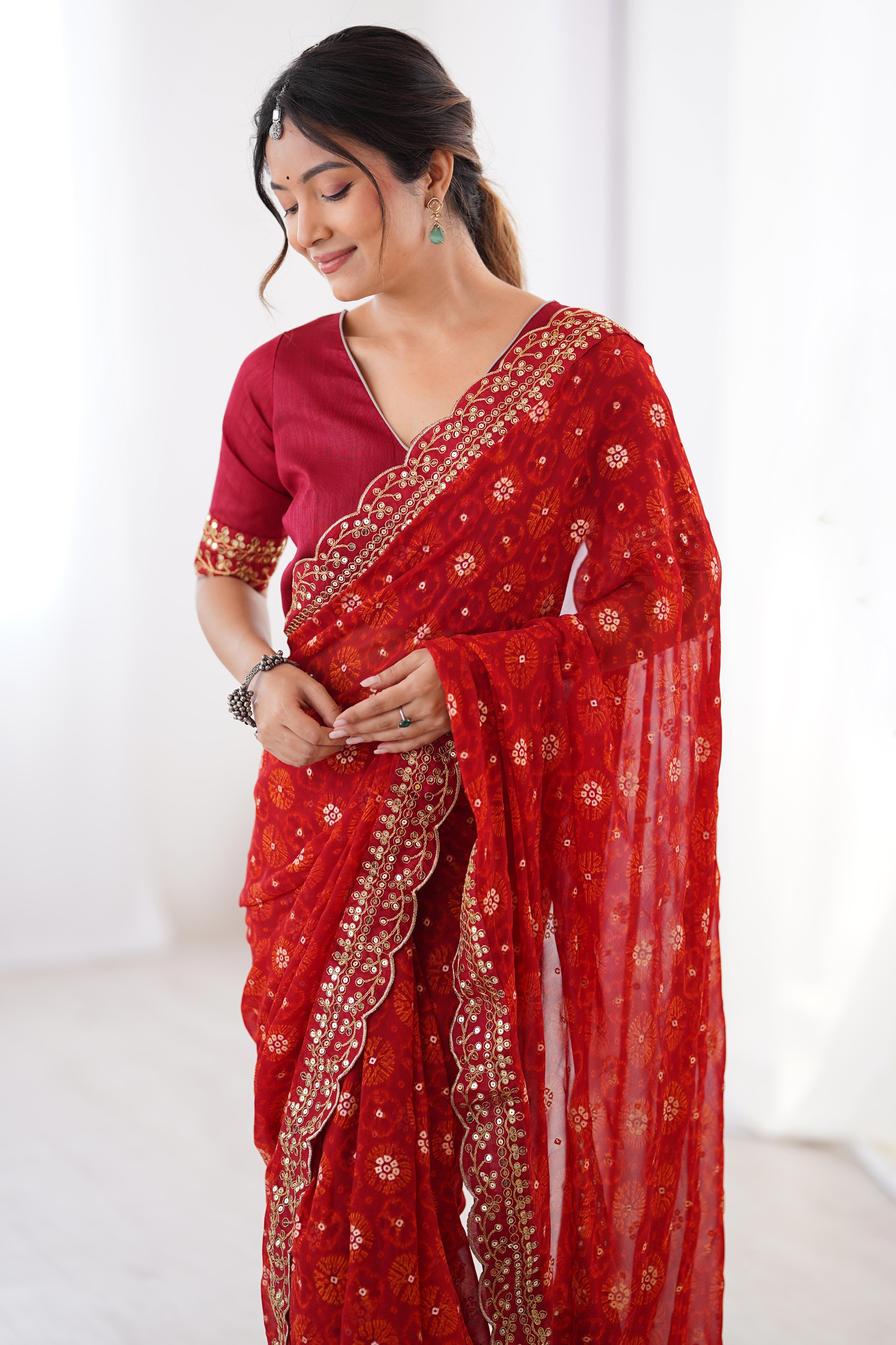 Soft Georgette Red Saree with Playful Print and Delicate Sequin Lace Work