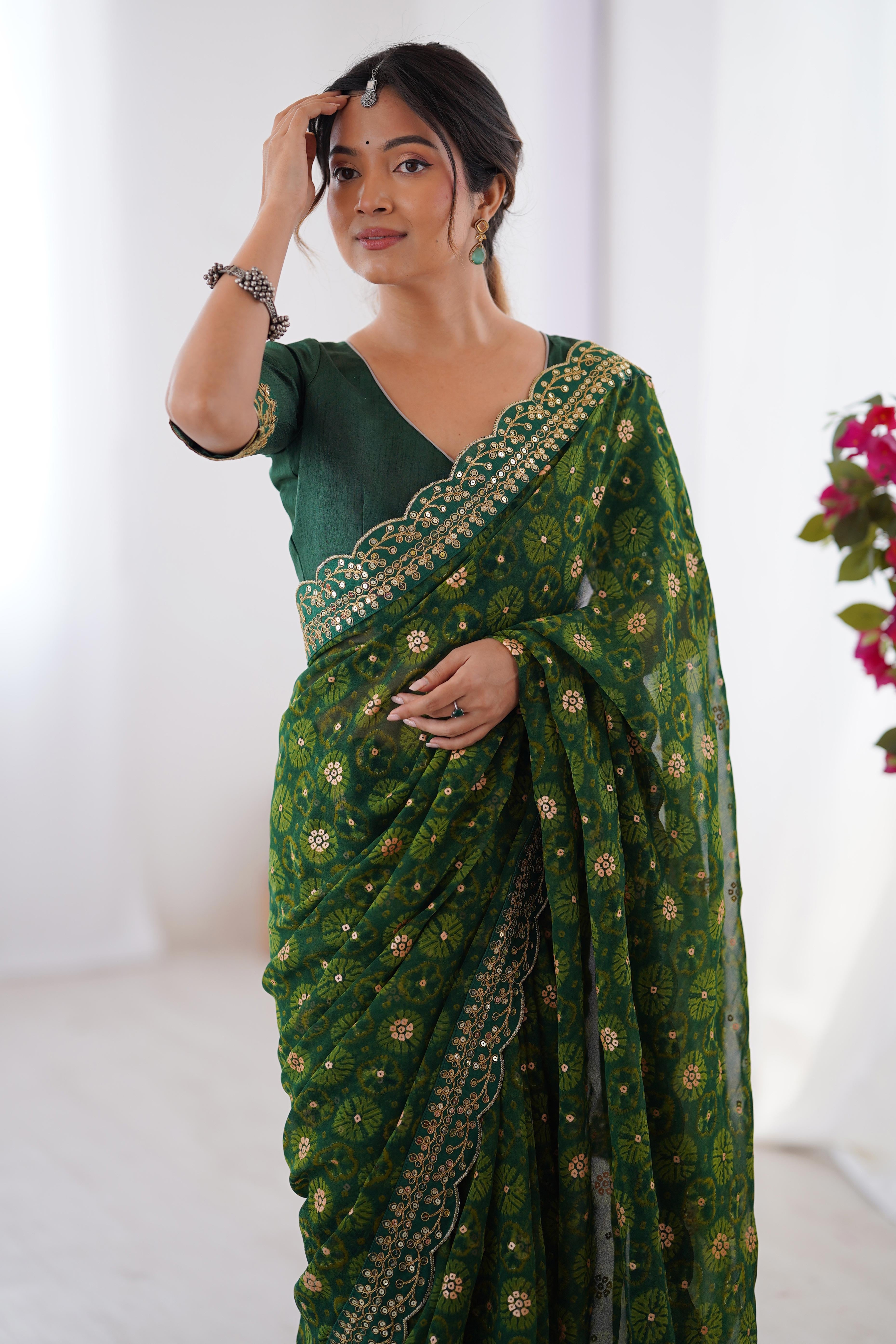 Soft Georgette Green Saree with Playful Print and Delicate Sequin Lace Work