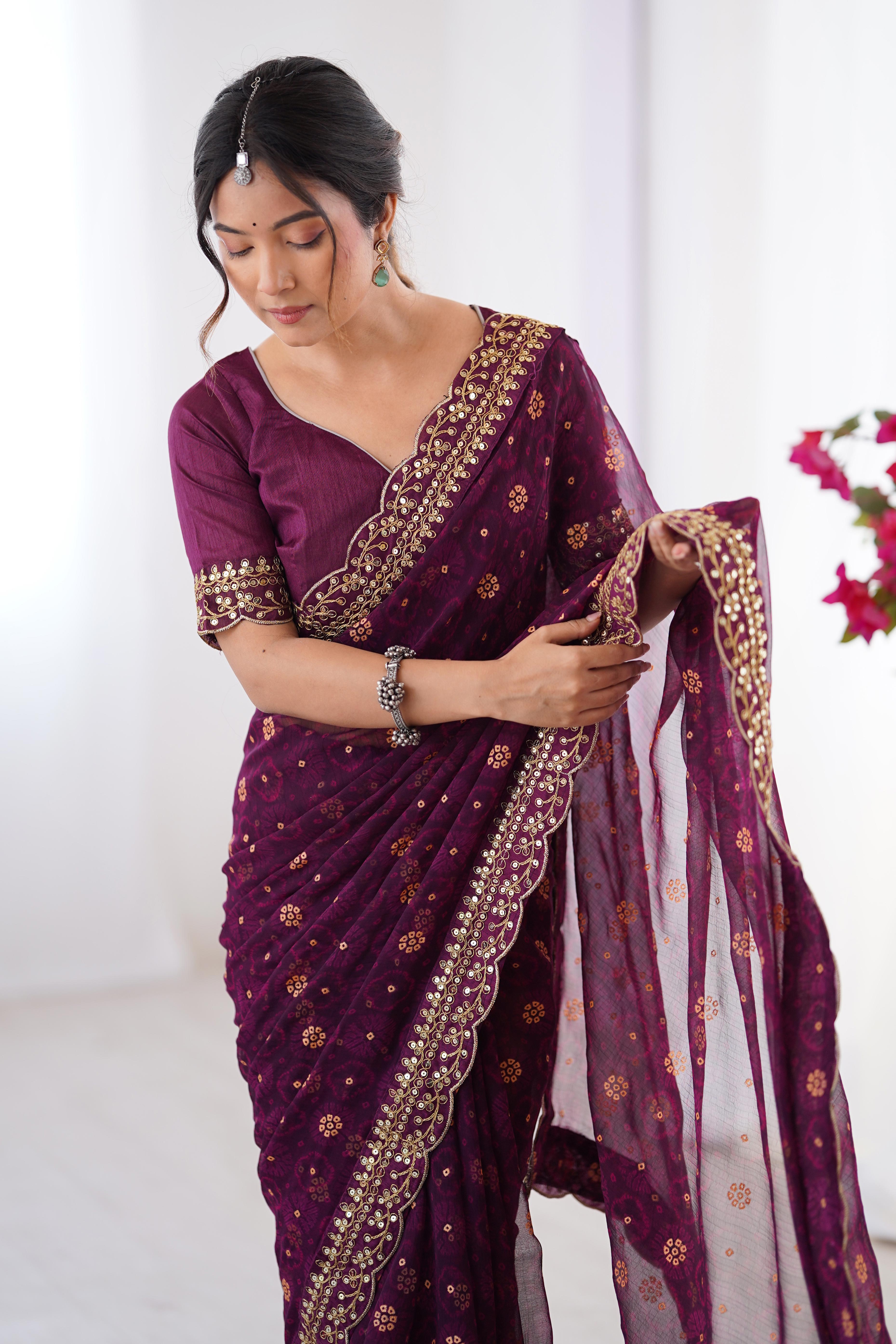 Soft Georgette Wine Saree with Playful Print and Delicate Sequin Lace Work