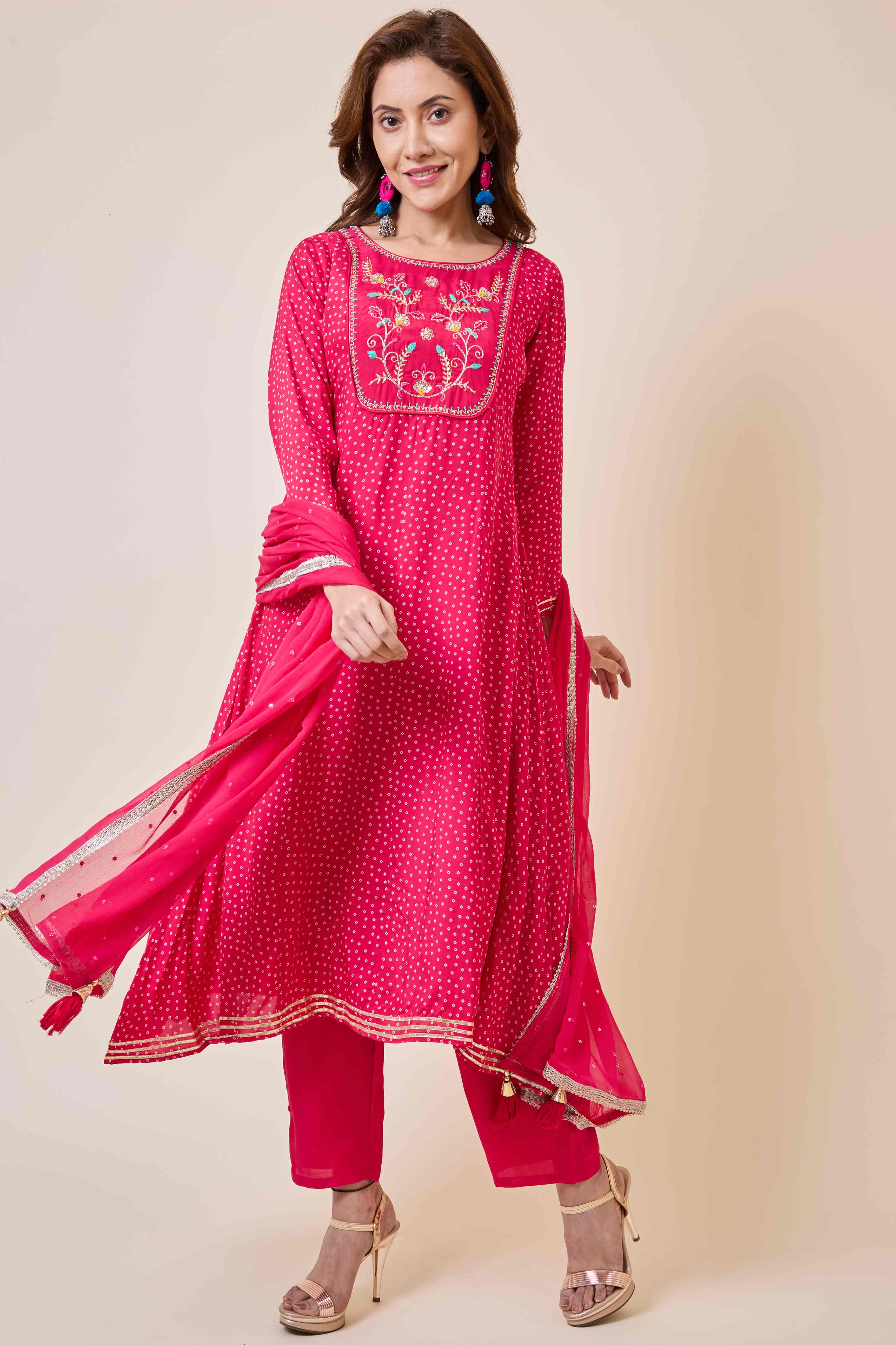 Rani Pink Embroidered Anarkali Style Muslin Salwar Suit