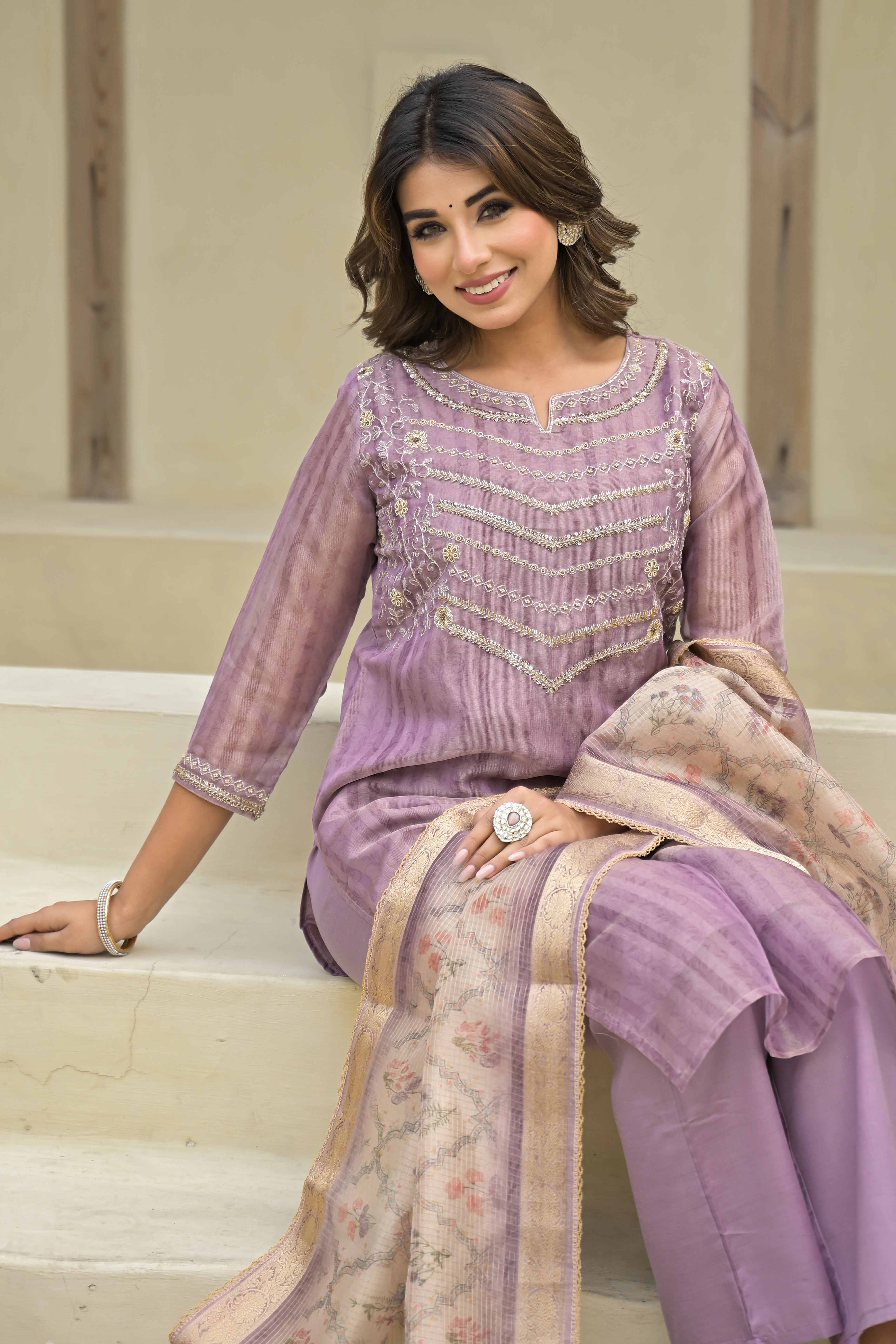 Lavender Embroidered Handwork Crush Chanderi Salwar Suit